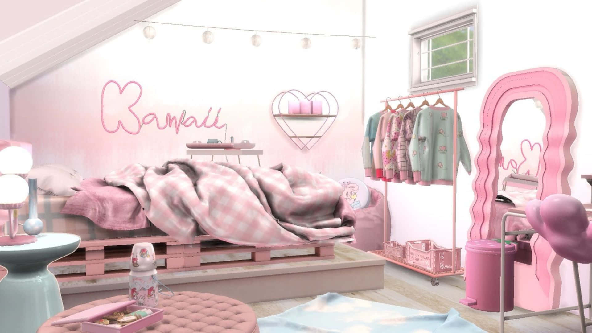 kawaii room, pink-themed bedroom, pallet bed, Full HD Desktop Wallpaper