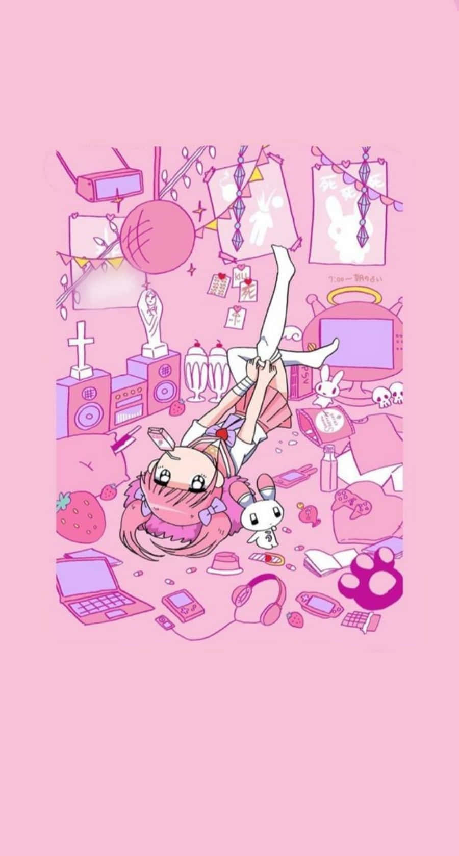 kawaii pink room aesthetic, cartoon girl with bunny ears, pink room, HD Phone Wallpaper