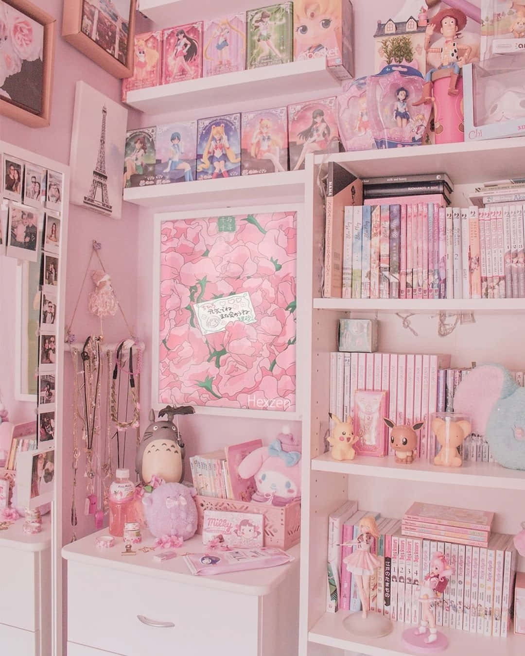 pastel pink, anime figurines, books, HD Phone Wallpaper