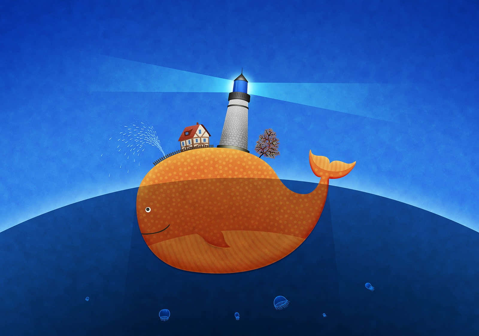 kawaii sea creatures, orange whale, deep blue ocean, HD Desktop Wallpaper