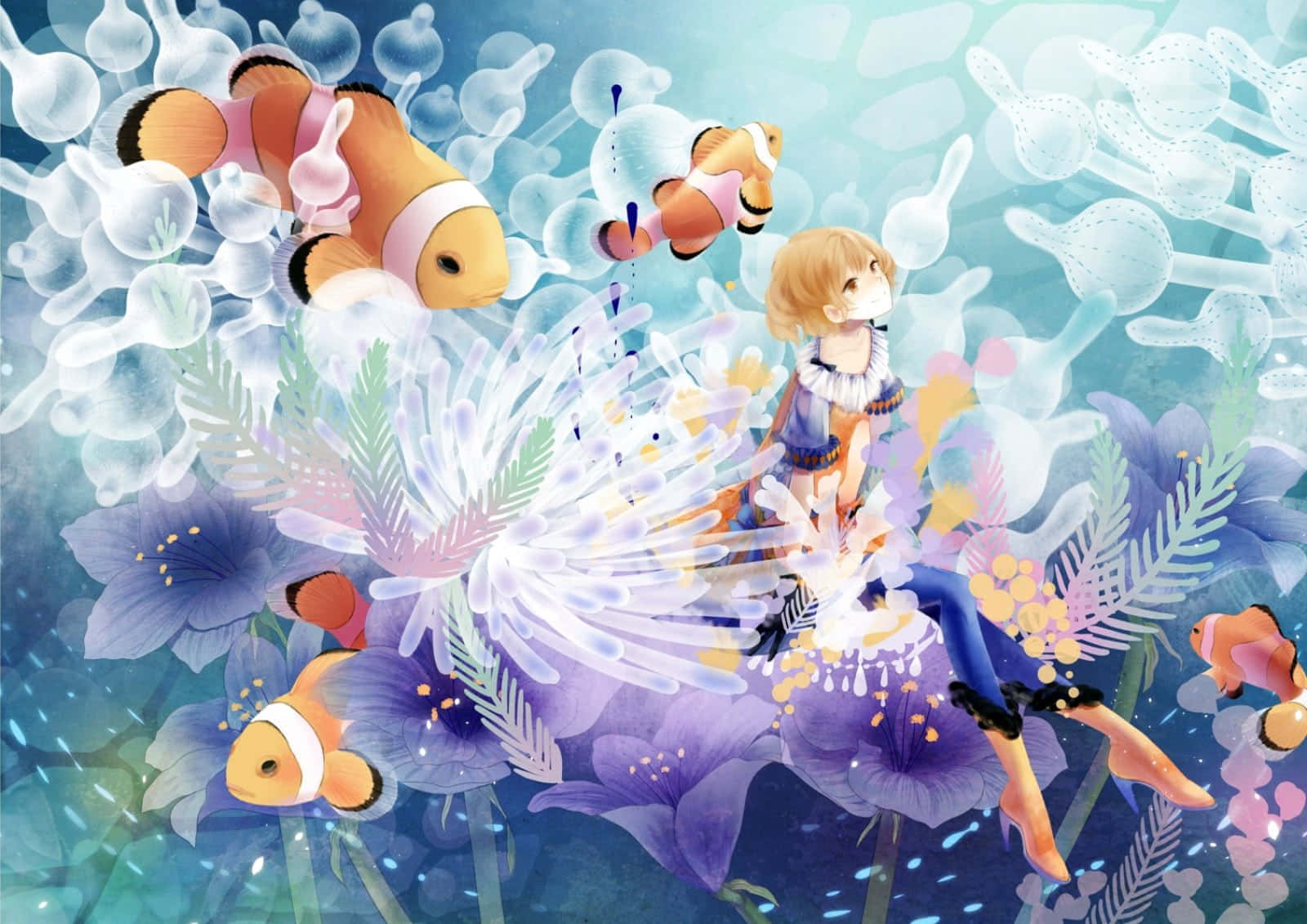 kawaii sea creatures, glowing purple flowers, orange clownfish, HD Desktop Wallpaper