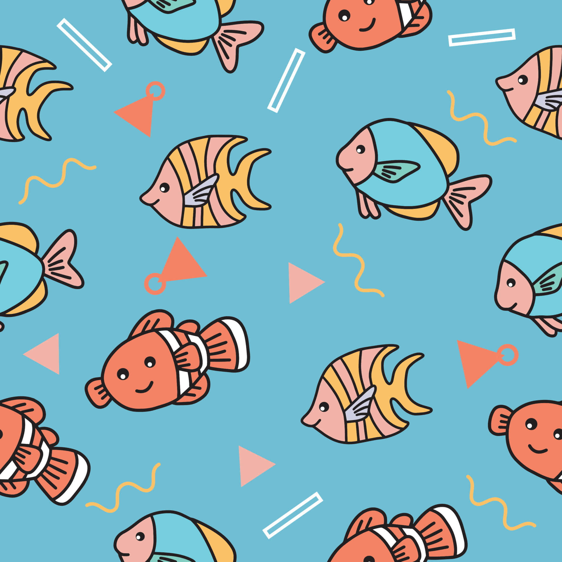 kawaii sea creatures, cartoon fish, geometric shapes, Full HD Desktop Wallpaper