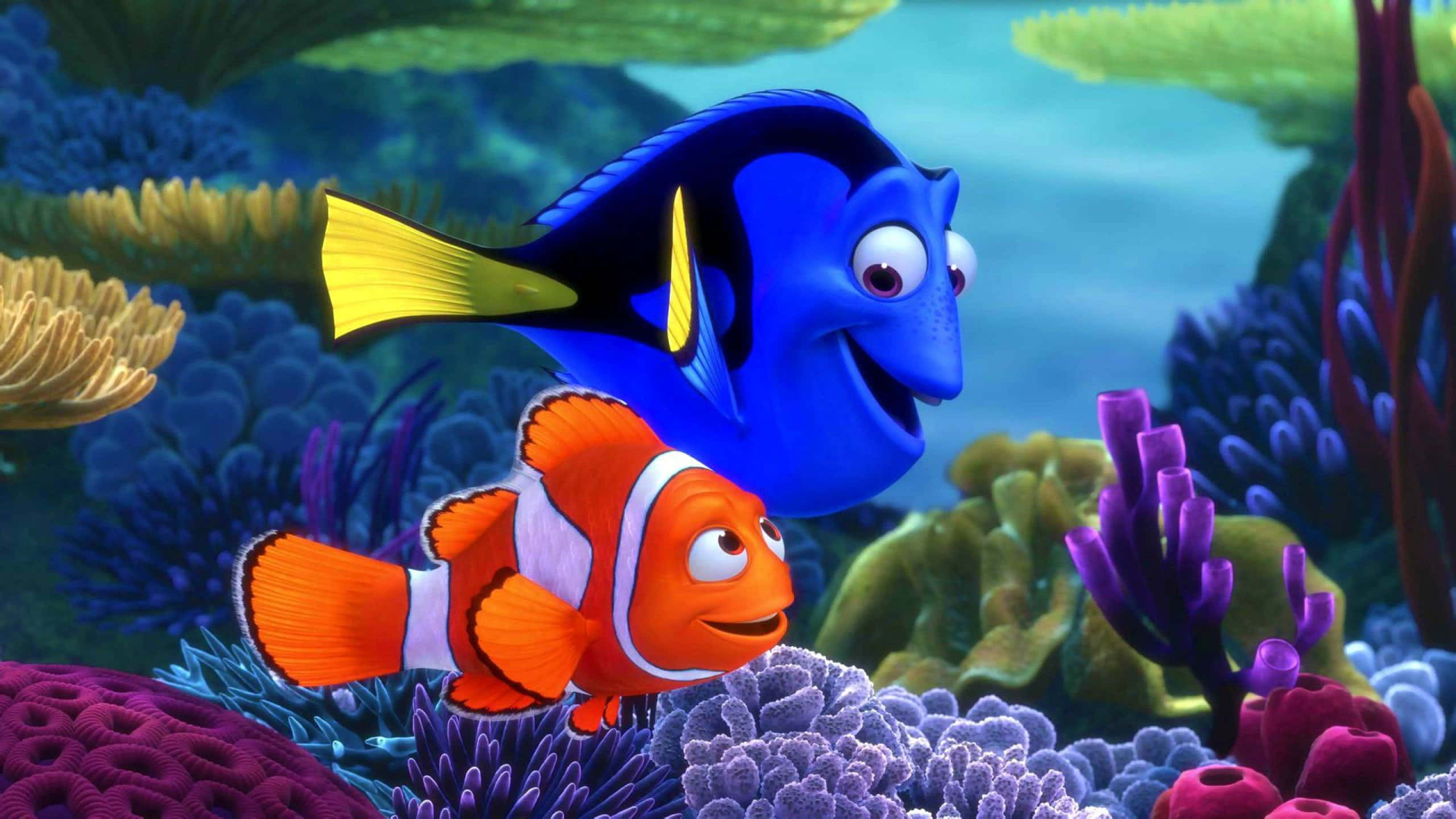 kawaii sea creatures, vibrant blue tang, orange clownfish, 2K Desktop Wallpaper