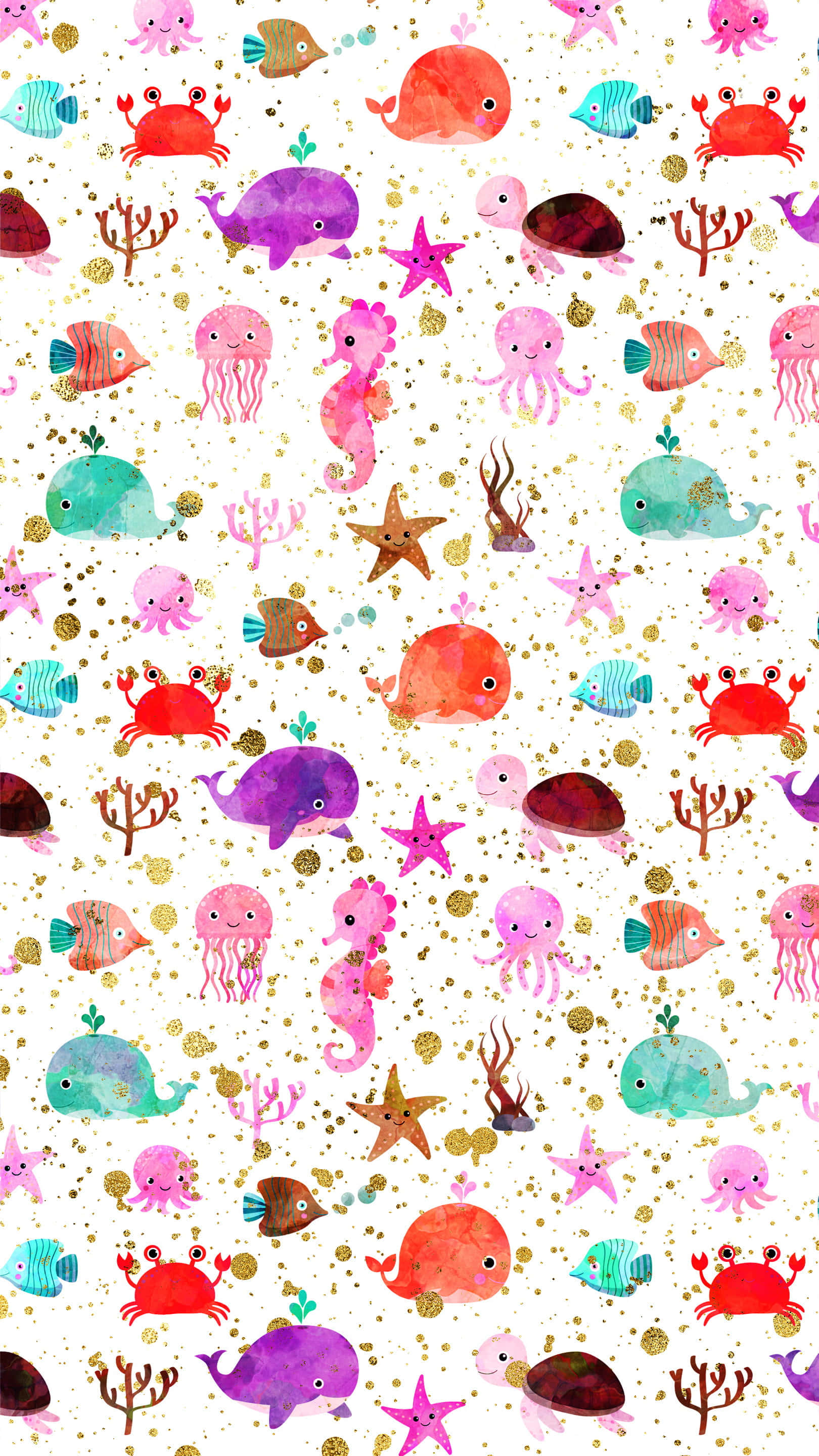 kawaii sea creatures, watercolor pattern, colorful cartoon sea creatures, 2K Phone Wallpaper