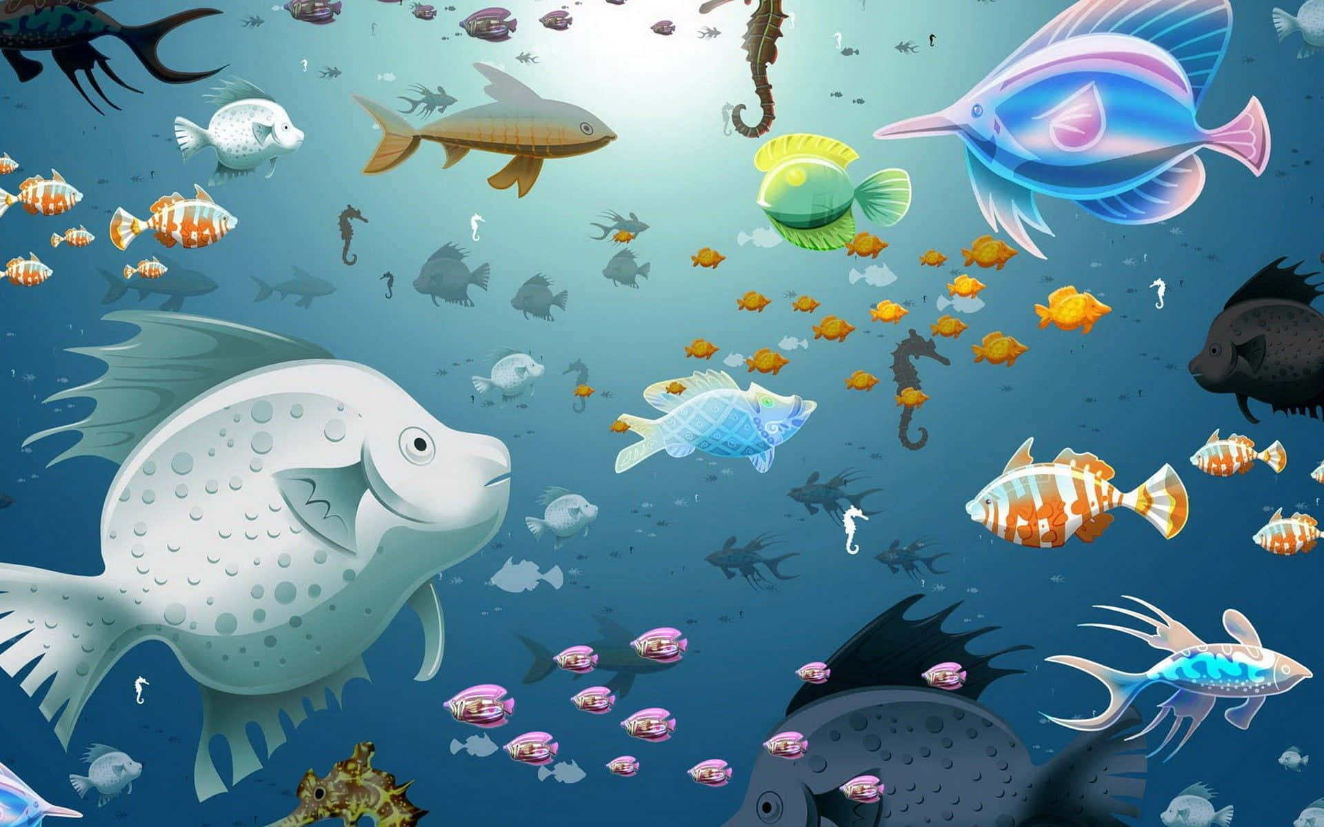 kawaii sea creatures, sunlit blue ocean, colorful sea creatures, Full HD Desktop Wallpaper