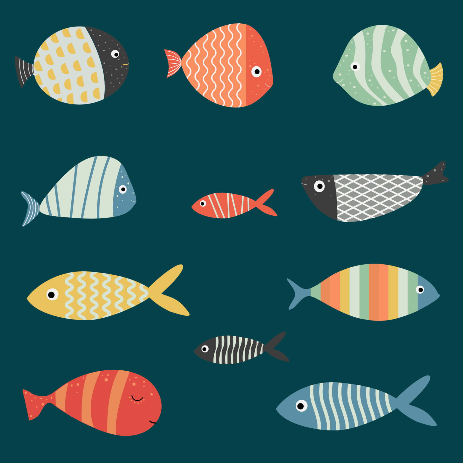 kawaii sea creatures, stylized cartoon fish, colorful patterns, Full HD Desktop Wallpaper