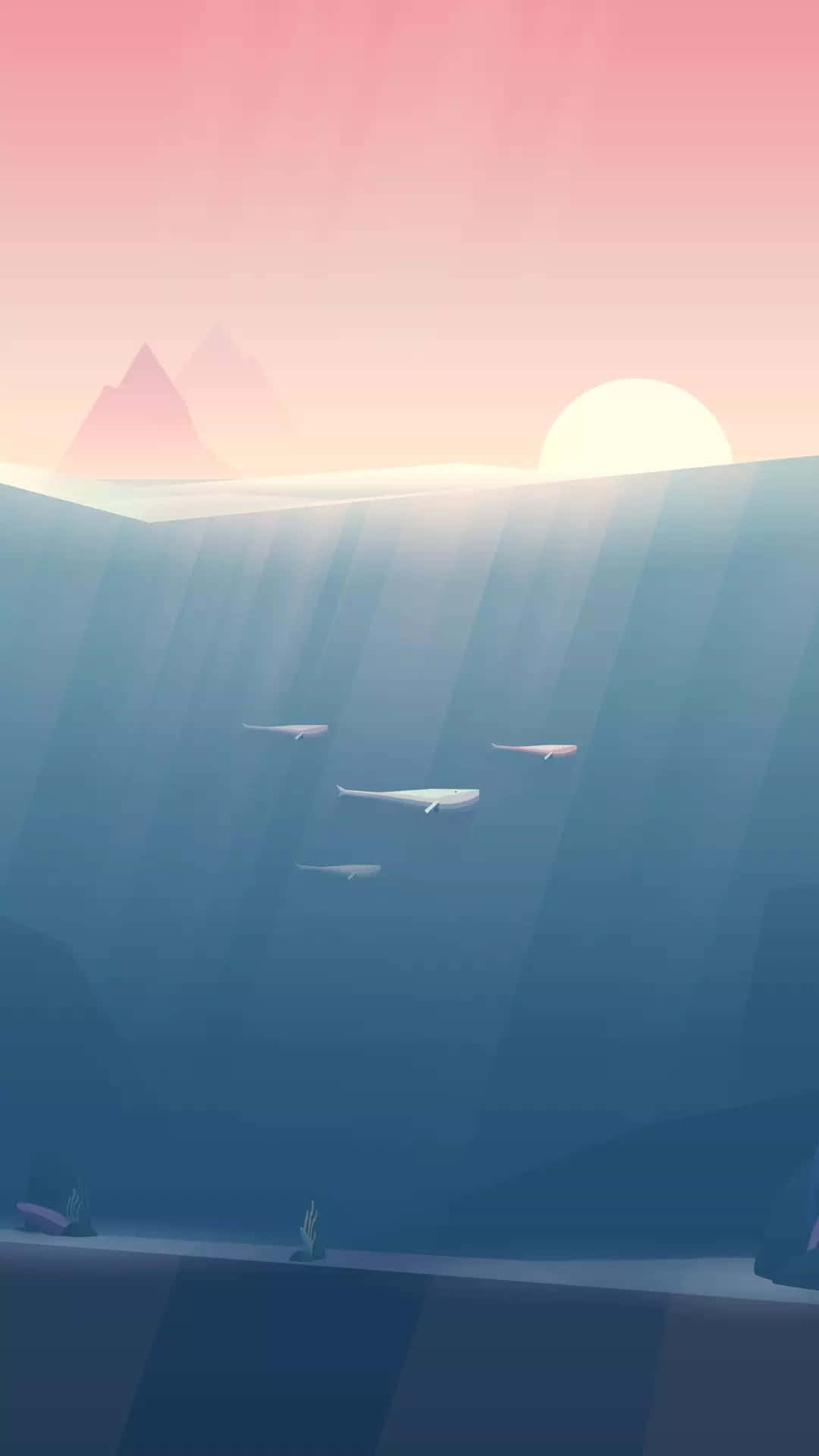 kawaii sea creatures, whales, glowing sun, Full HD Phone Wallpaper