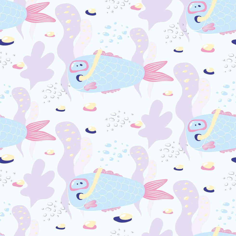 Kawaii Sea Creatures, pastel-colored cartoon fish, snorkels, SD Desktop Wallpaper