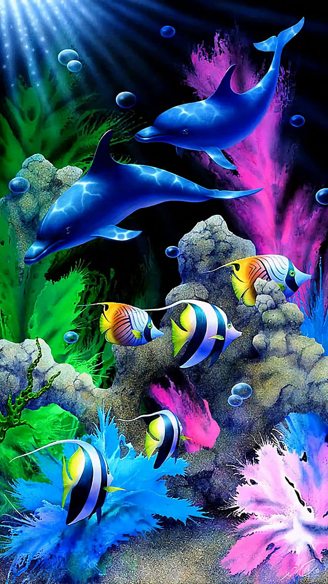 kawaii sea creatures, vibrant blue dolphins, neon coral reef, Full HD Phone Wallpaper