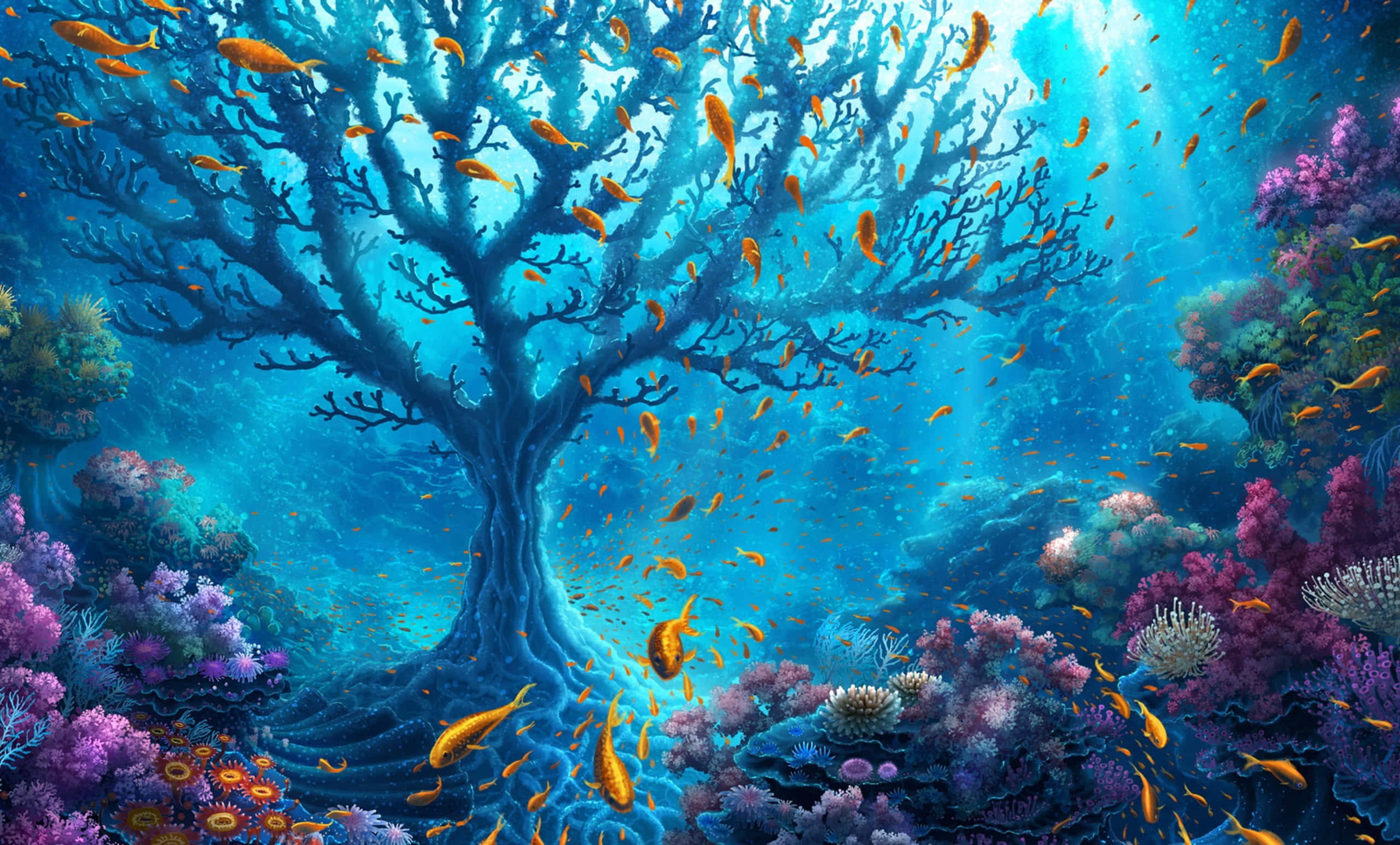 kawaii sea creatures, coral tree, golden fish, 2K Desktop Wallpaper