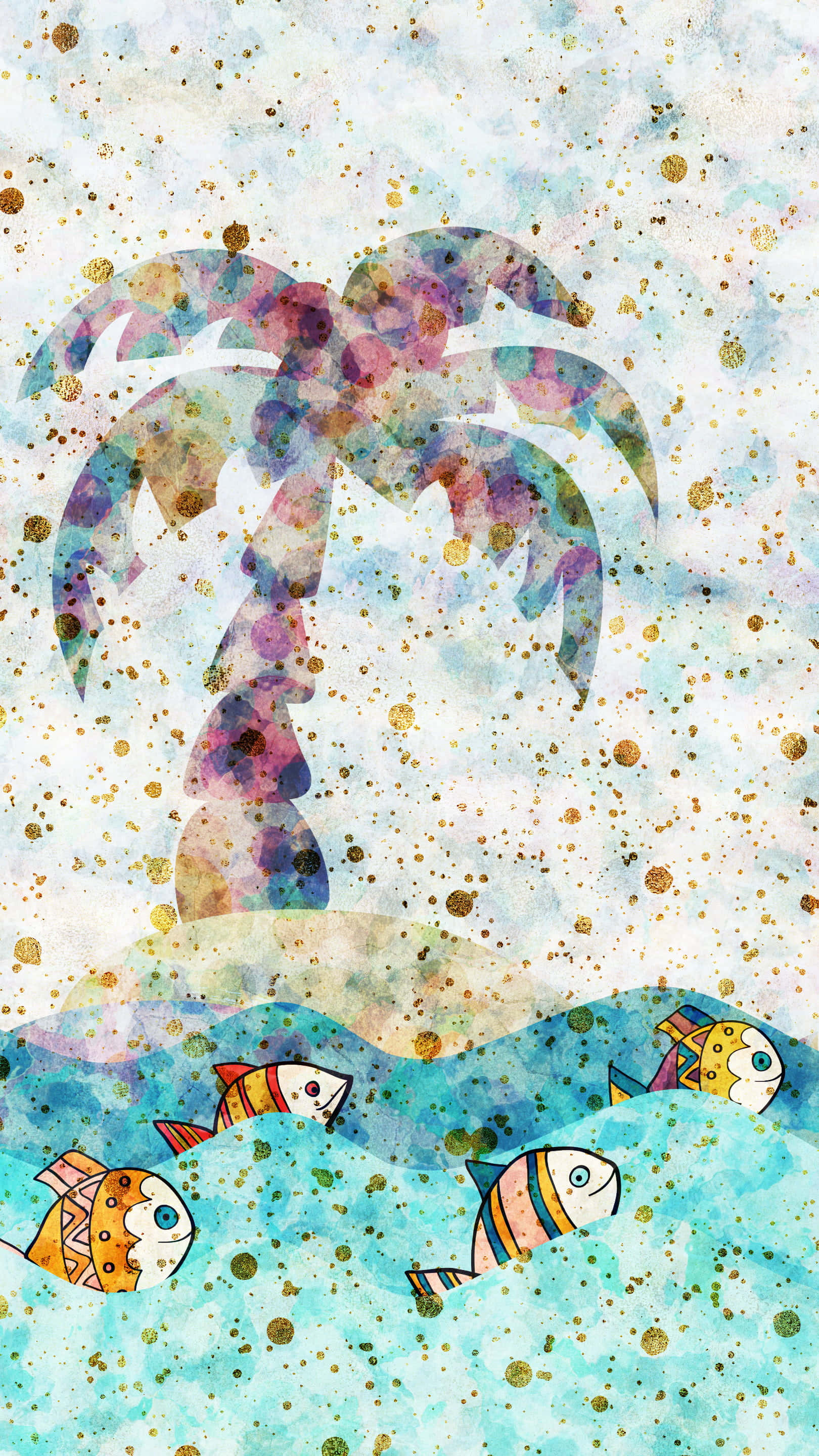 kawaii sea creatures, watercolor palm tree, gold glitter, 2K Phone Wallpaper