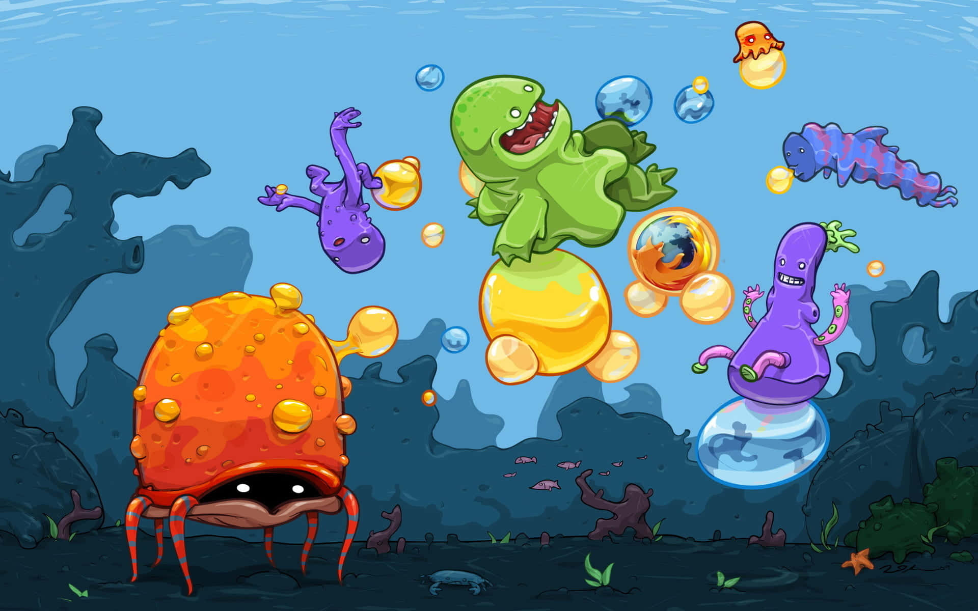 kawaii sea creatures, colorful cartoon sea creatures, vibrant underwater scene, Full HD Desktop Wallpaper