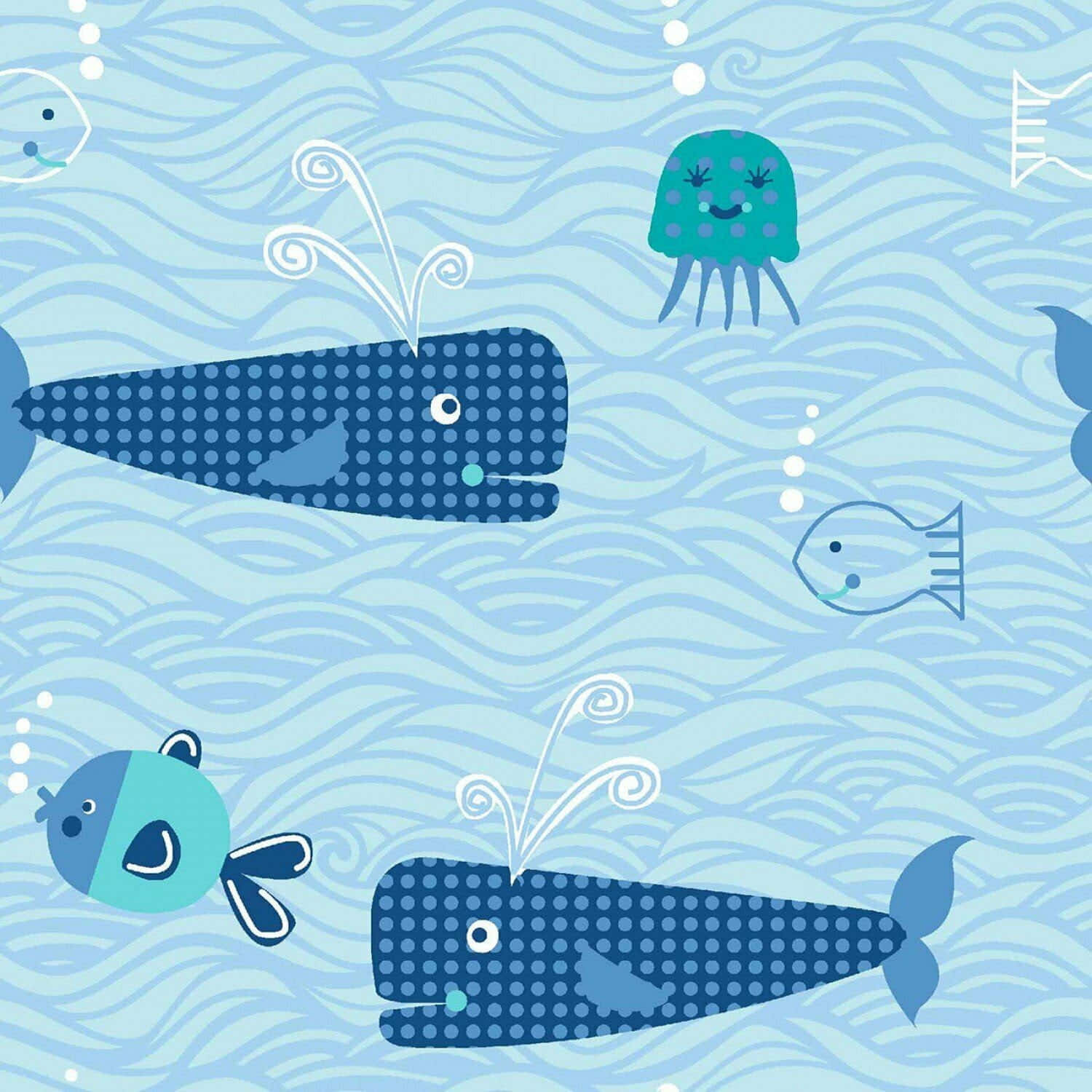 kawaii sea creatures, cartoon whales, fish, HD Desktop Wallpaper