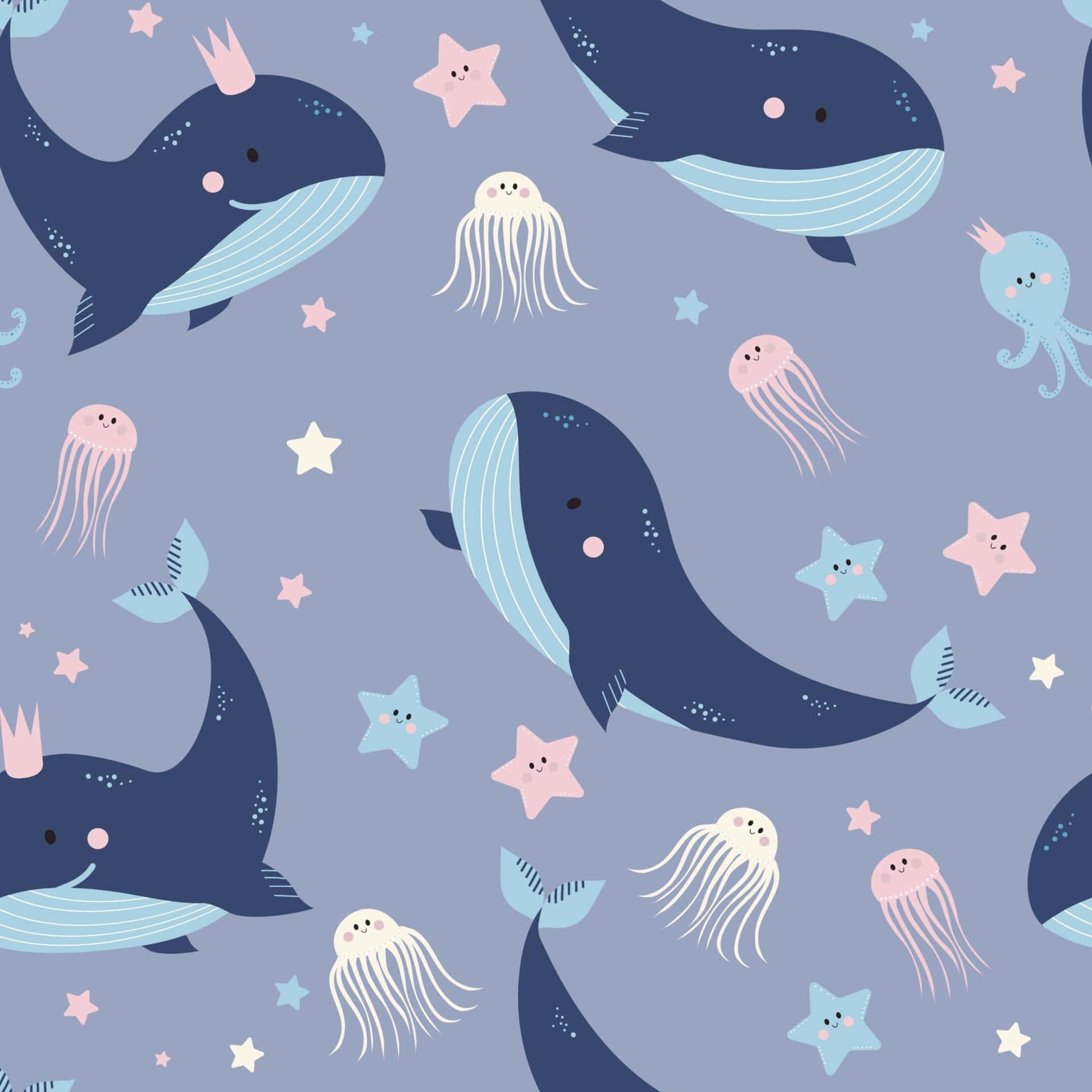 kawaii sea creatures, colorful, soft blue sea, Full HD Desktop Wallpaper