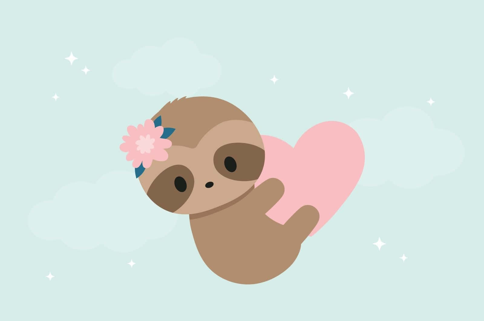 kawaii sloth, pink flower headband, pink heart, HD Desktop Wallpaper