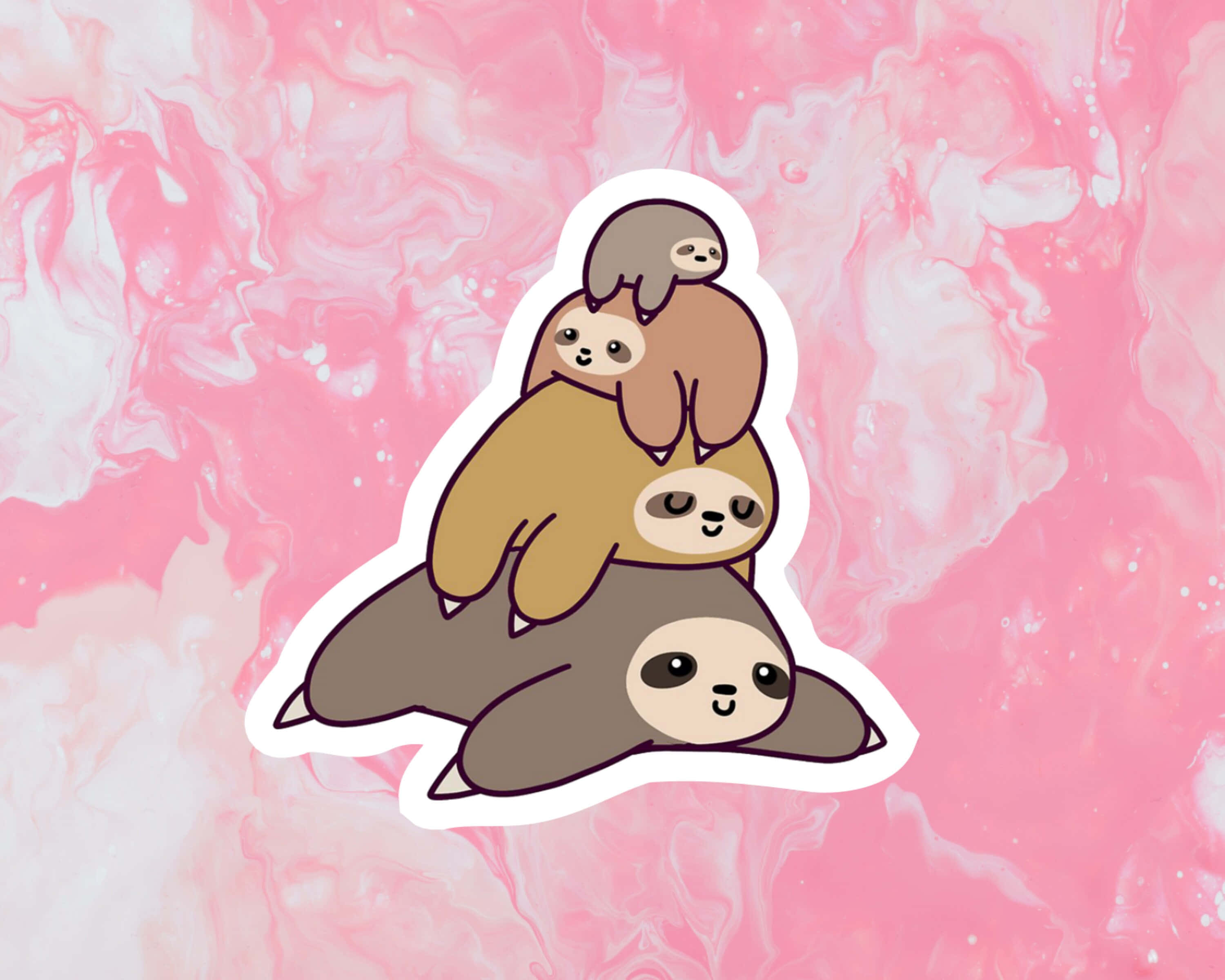 kawaii sloth, pink and white marbled background, cartoon sloths, 2K Desktop Wallpaper
