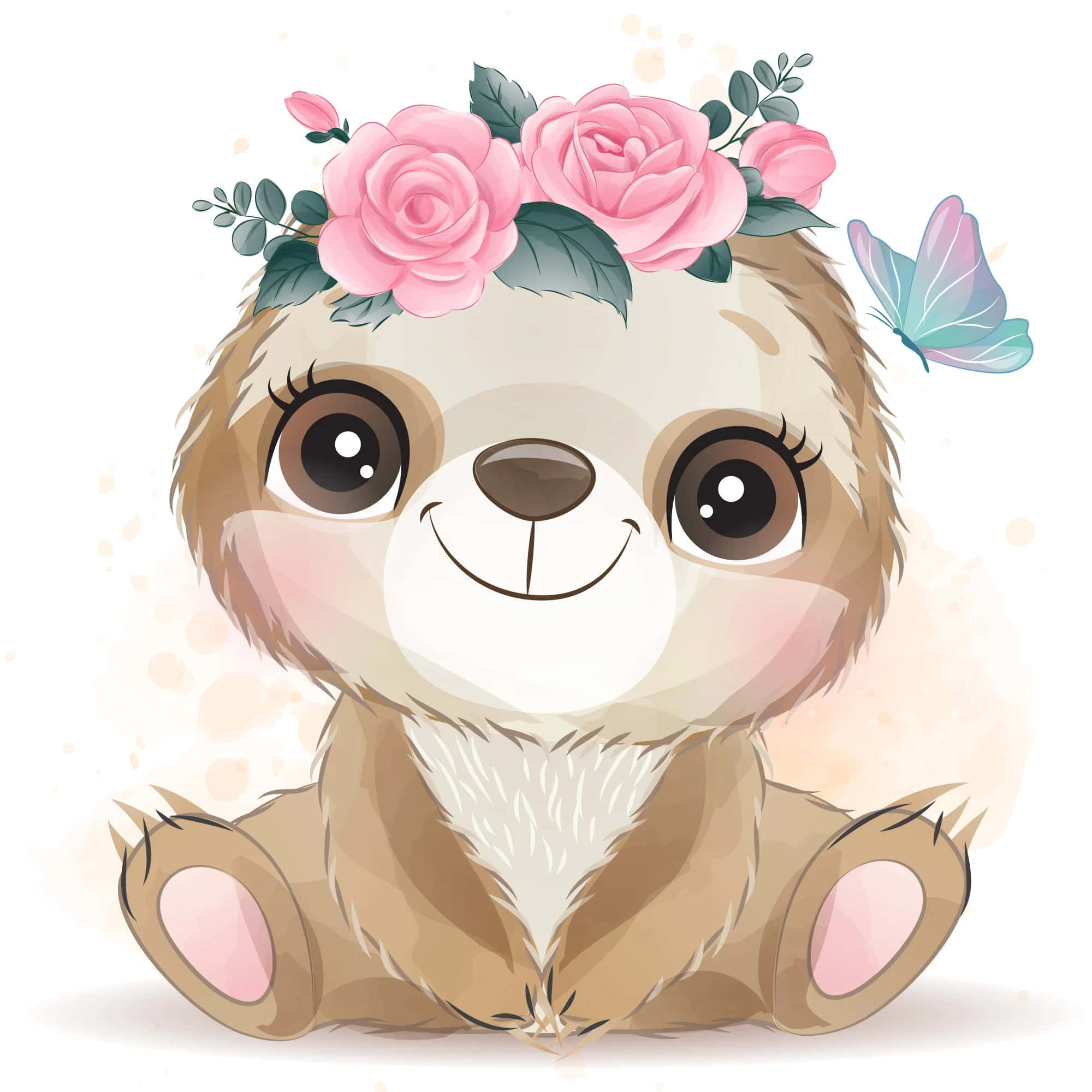 kawaii sloth, flower crown, butterfly, Full HD Desktop Wallpaper