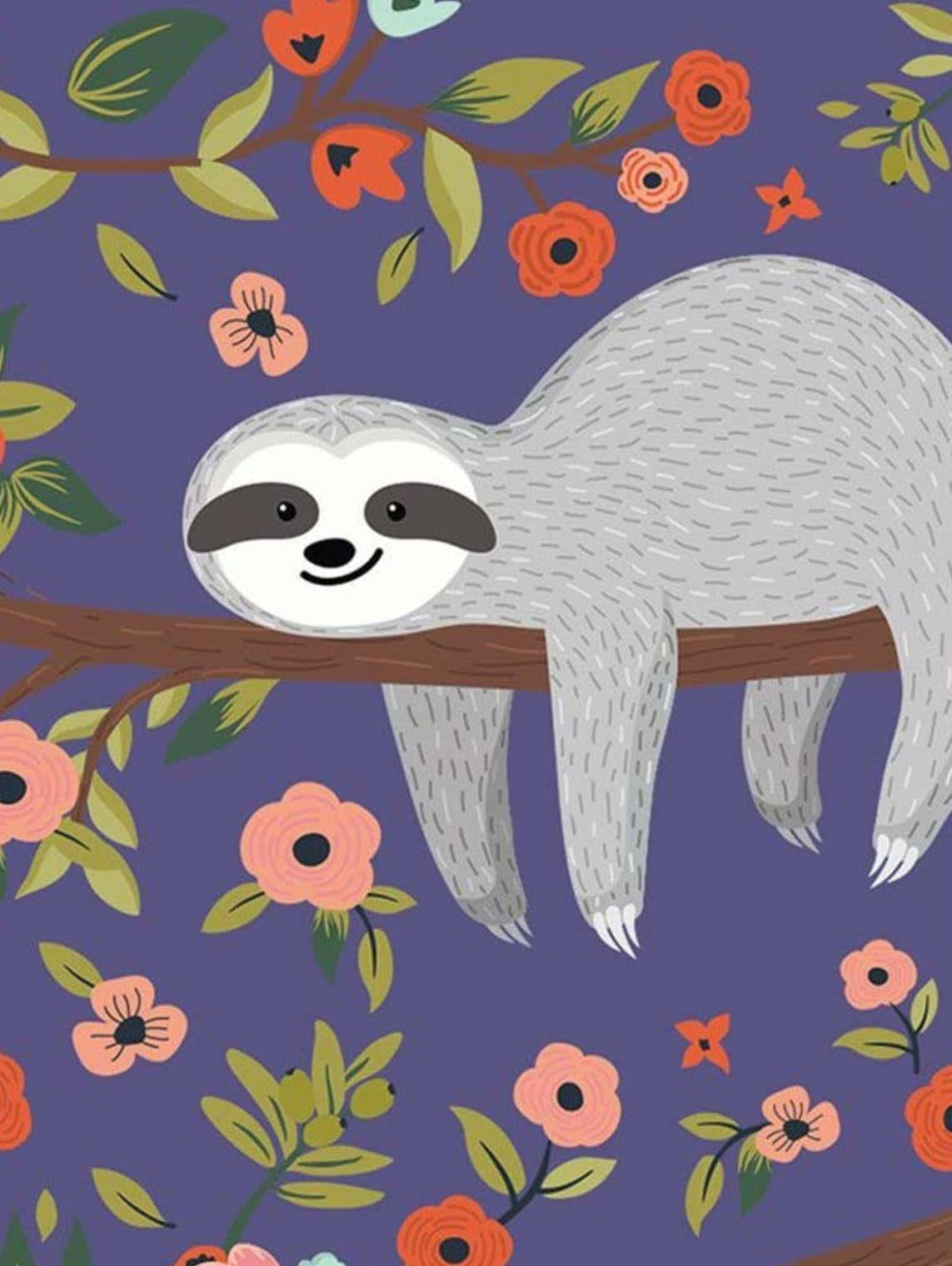 kawaii sloth, tree branch, colorful flowers, HD Phone Wallpaper
