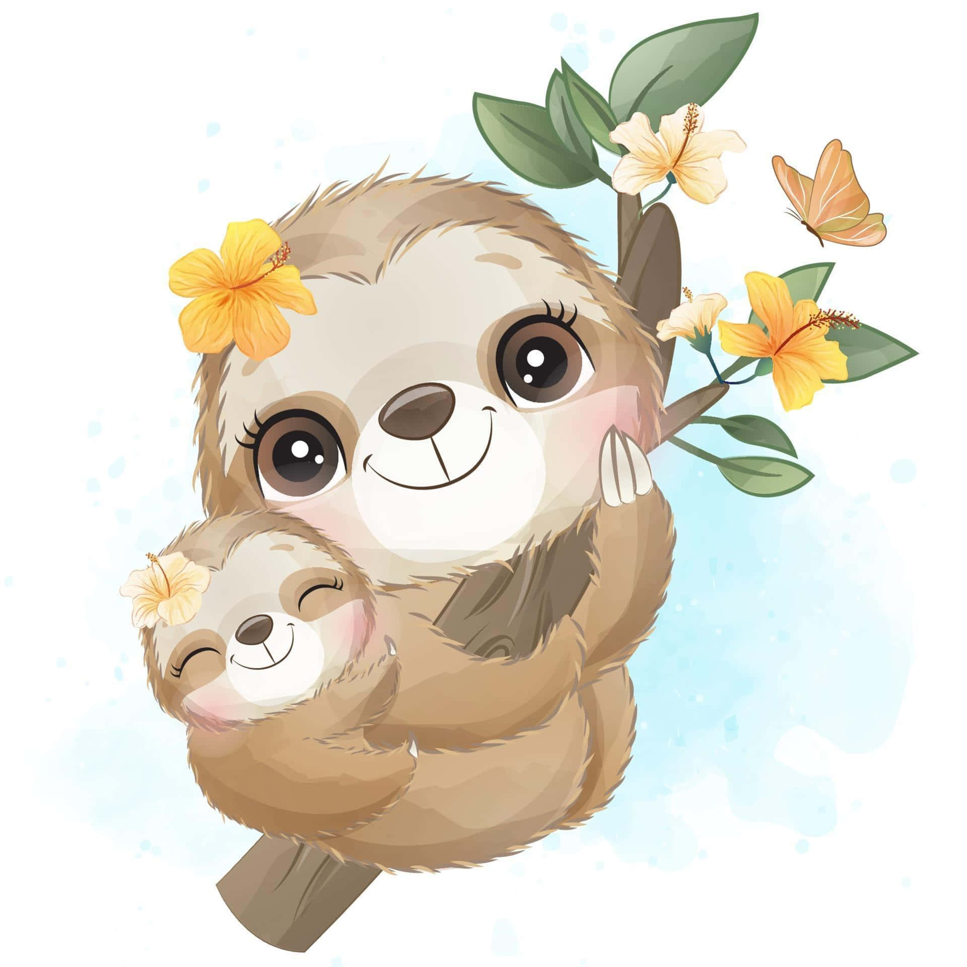 kawaii sloth, sloth mother, baby sloth, Full HD Desktop Wallpaper