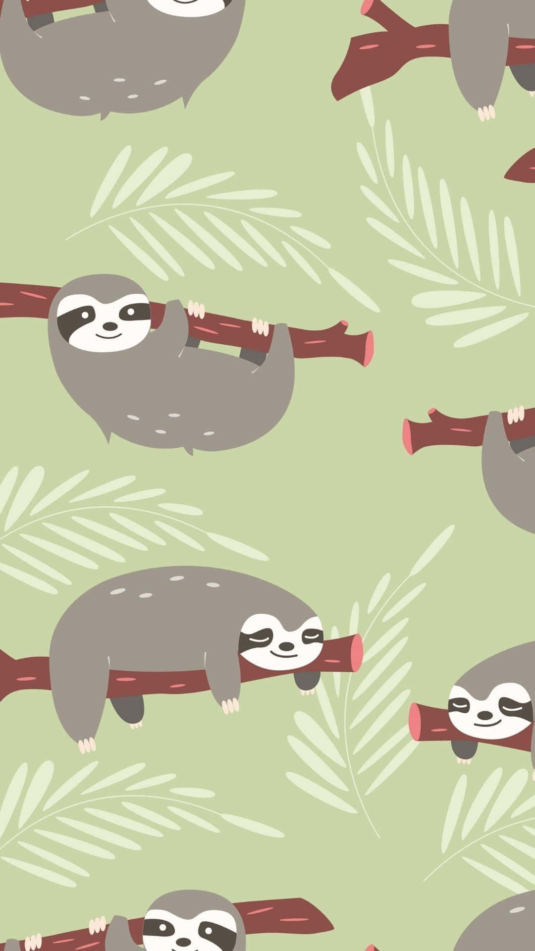 kawaii sloth, red branches, soft green background, Full HD Phone Wallpaper