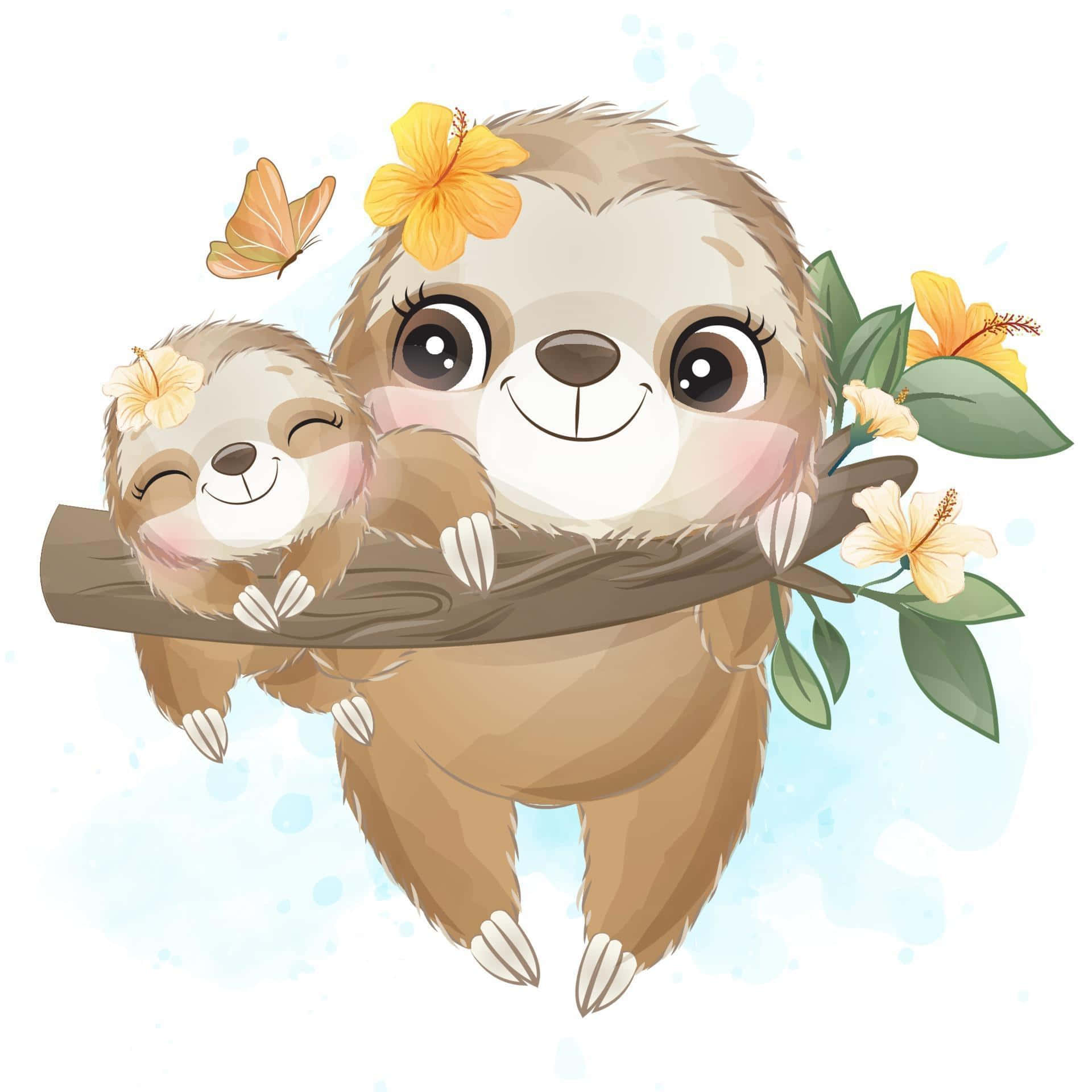 kawaii sloth, hibiscus flowers, butterfly, Full HD Desktop Wallpaper