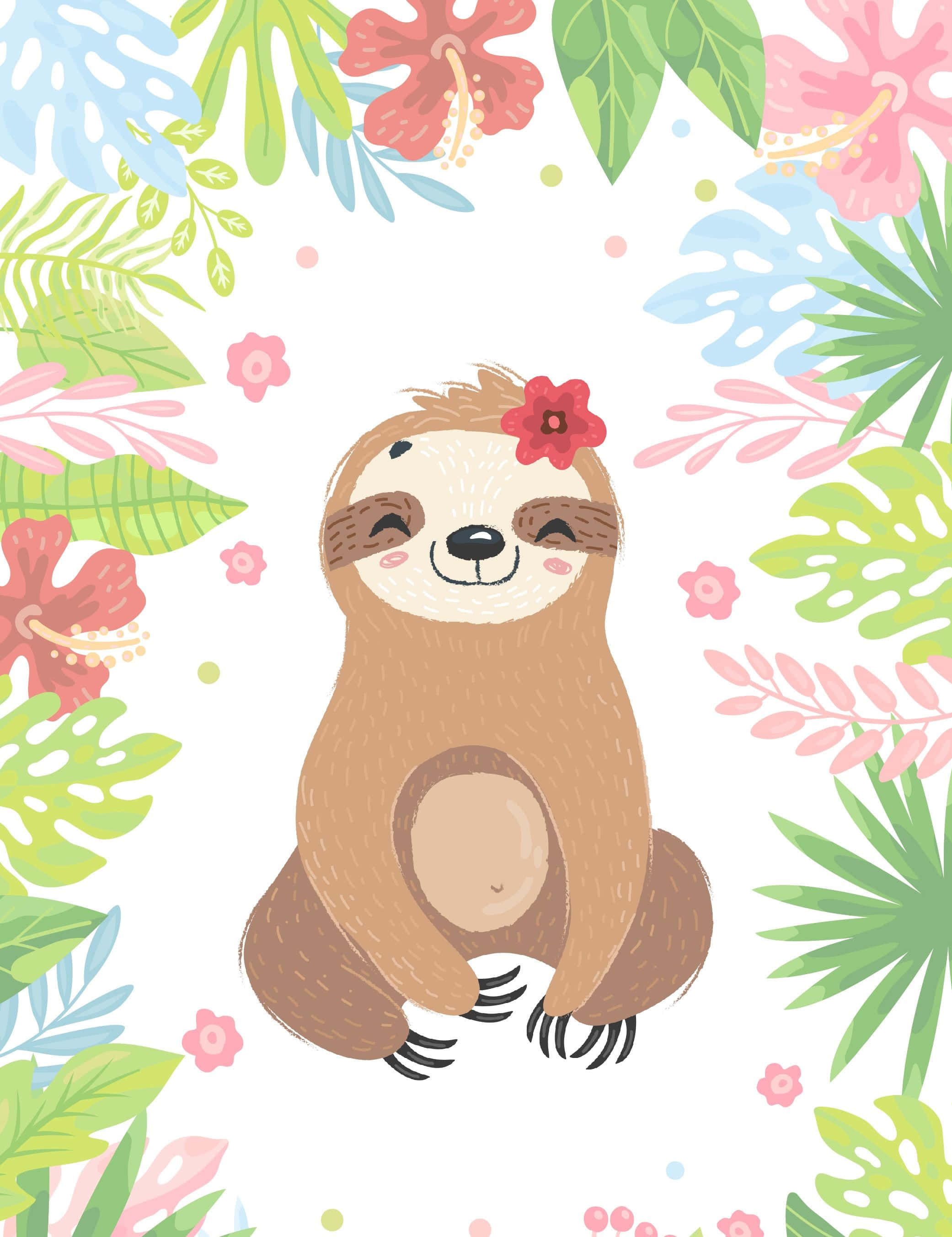 kawaii sloth, red flower, tropical leaves, 2K Phone Wallpaper