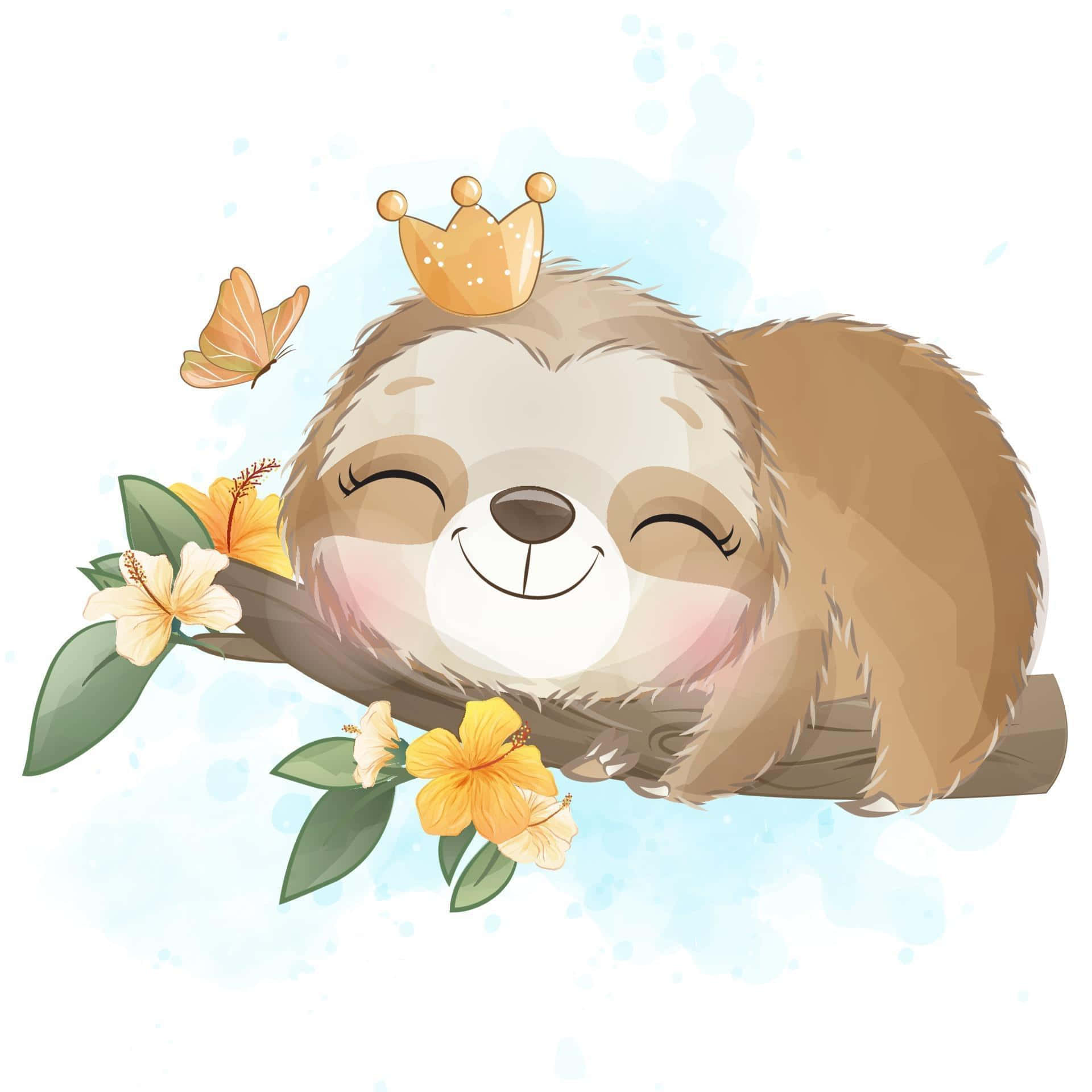 kawaii sloth, golden crown, branch, Full HD Desktop Wallpaper