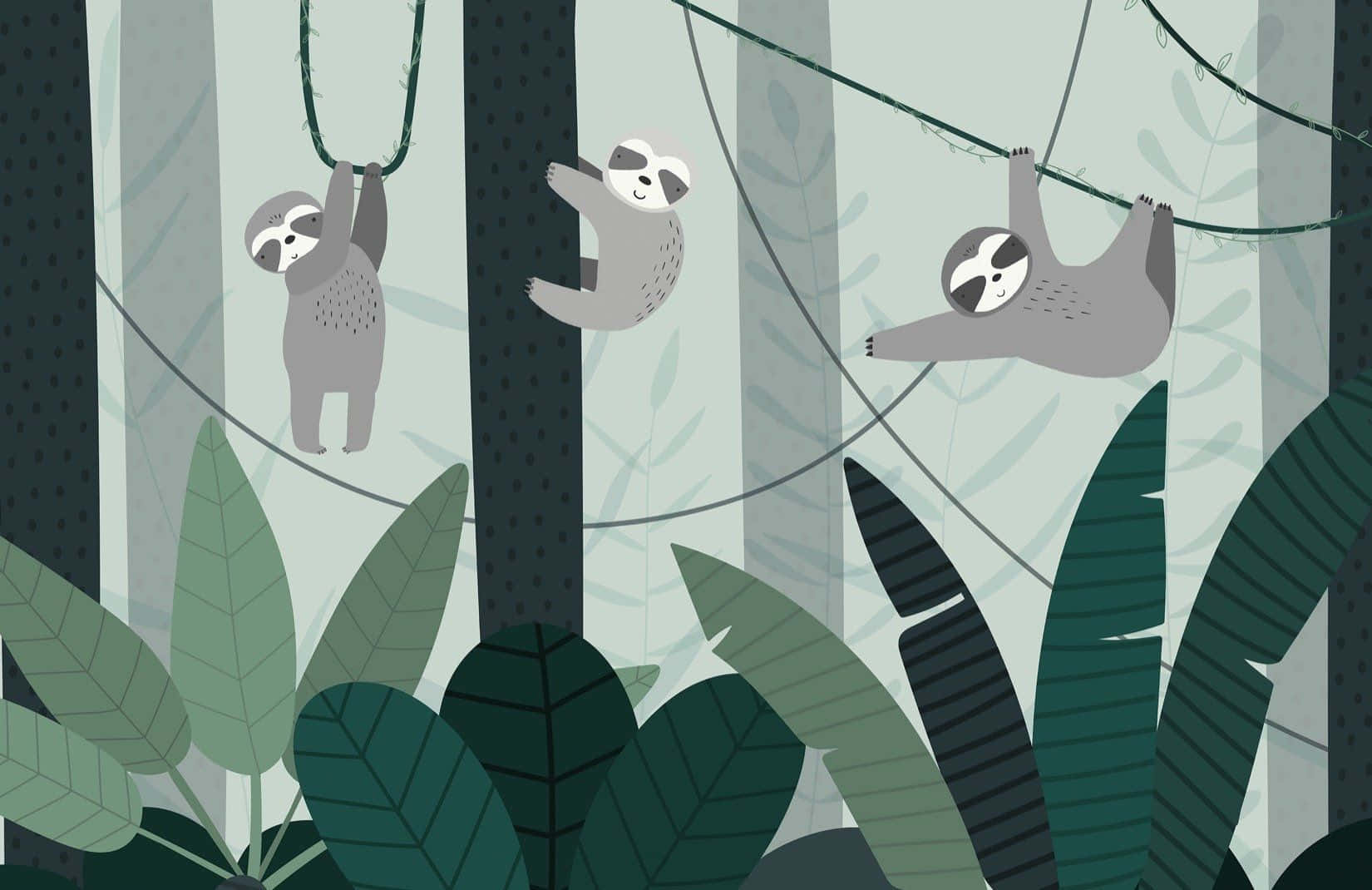 kawaii sloth, cartoon sloths, vines, HD Desktop Wallpaper