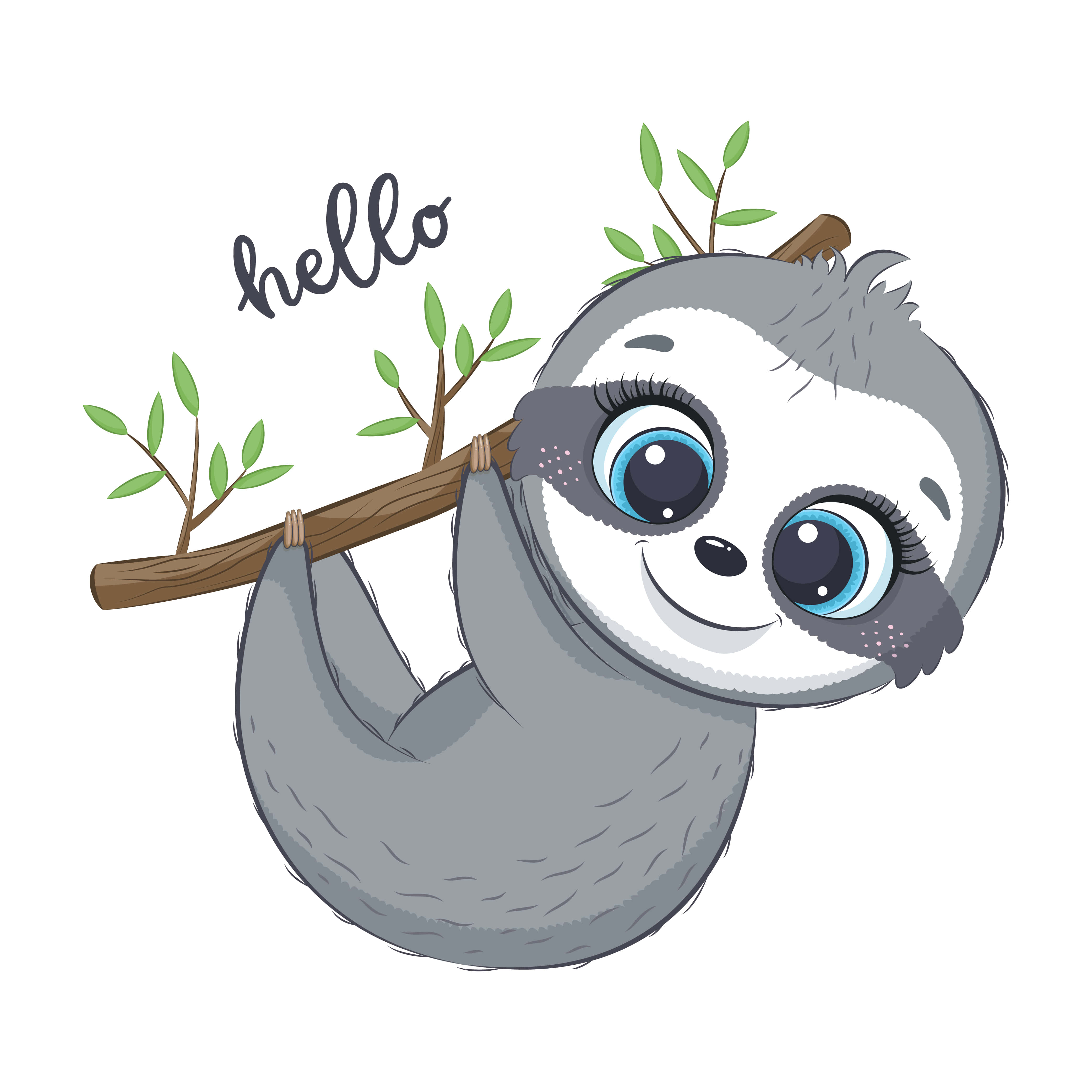 kawaii sloth, big blue eyes, tree branch, 4K Desktop Wallpaper