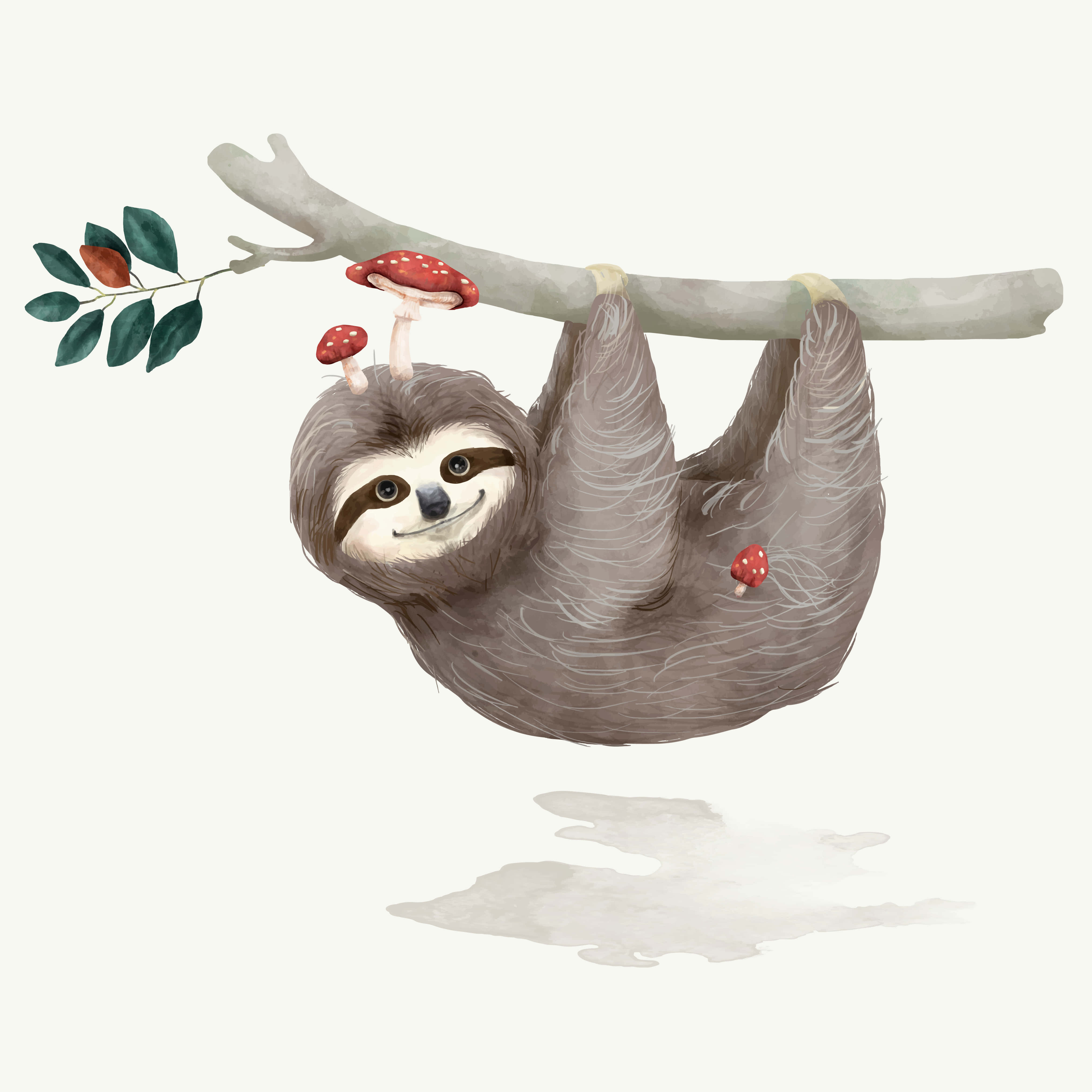 kawaii sloth, watercolor sloth, red mushrooms, 4K Desktop Wallpaper