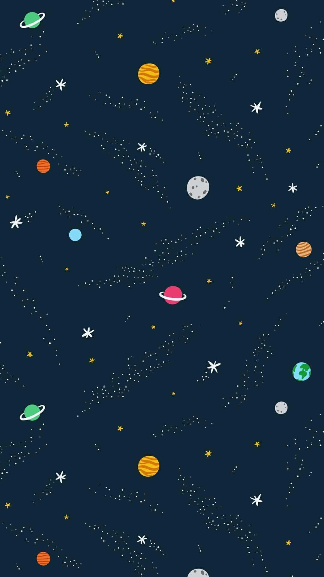 Kawaii Space, cartoon-style space scene, colorful planets, Full HD Phone Wallpaper