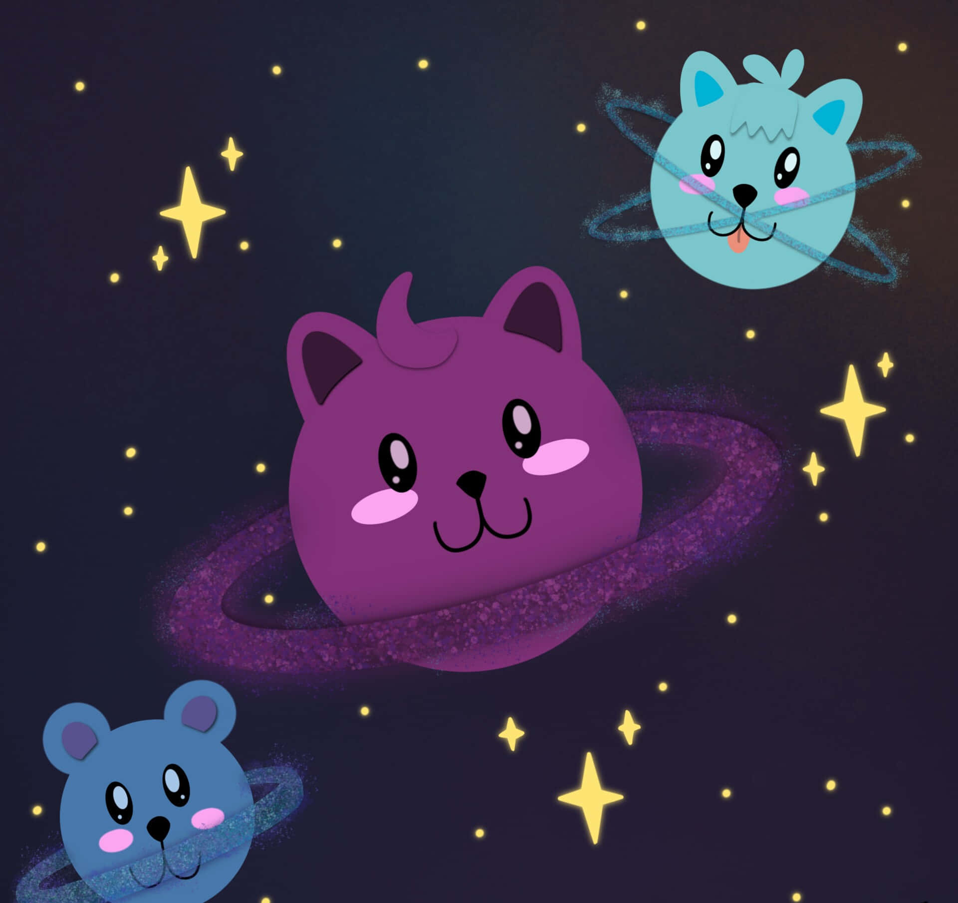 Kawaii Space, ringed planets, glowing stars, Full HD Desktop Wallpaper