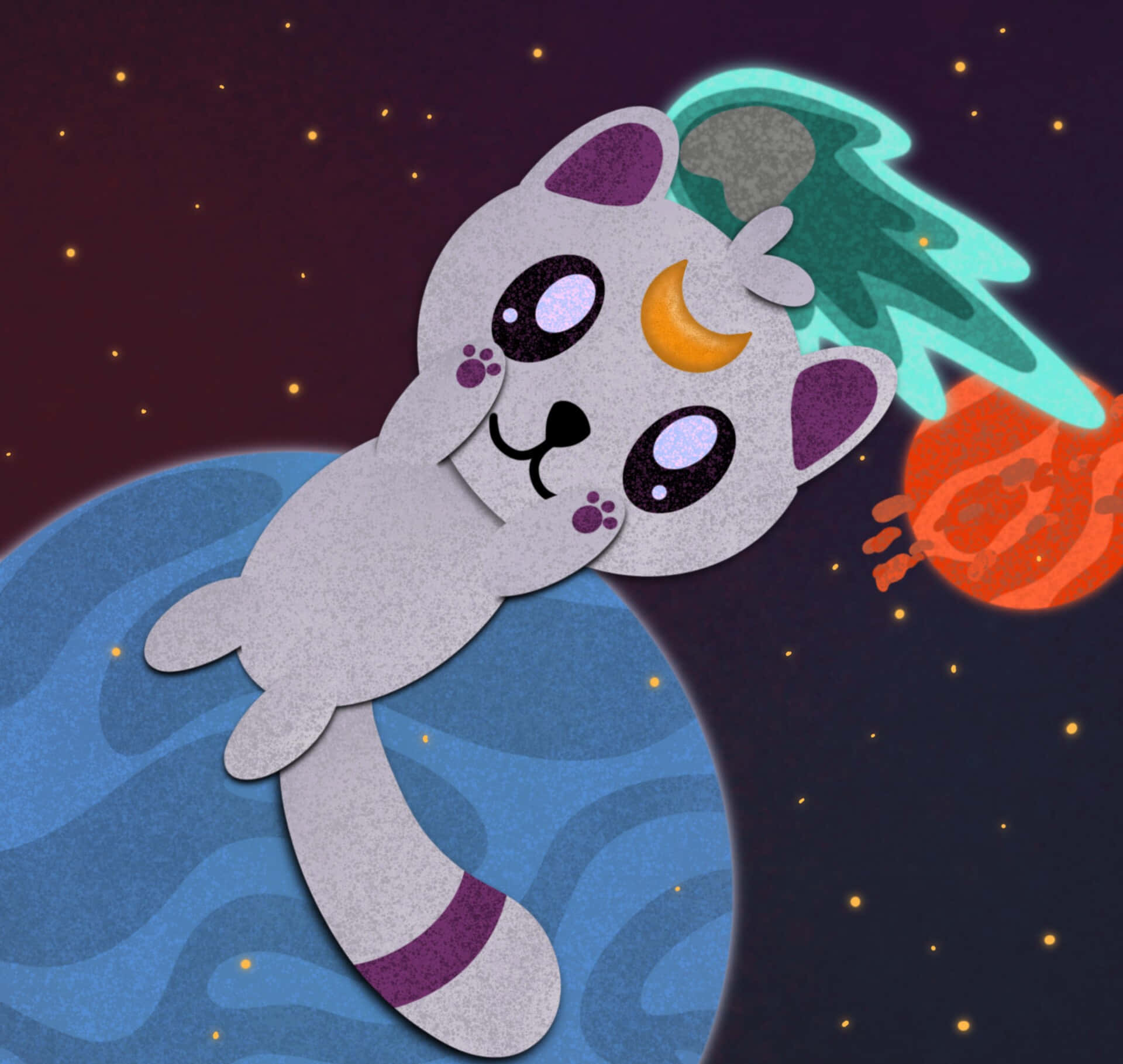 Kawaii Space, paper-cut style, crescent moon, Full HD Desktop Wallpaper