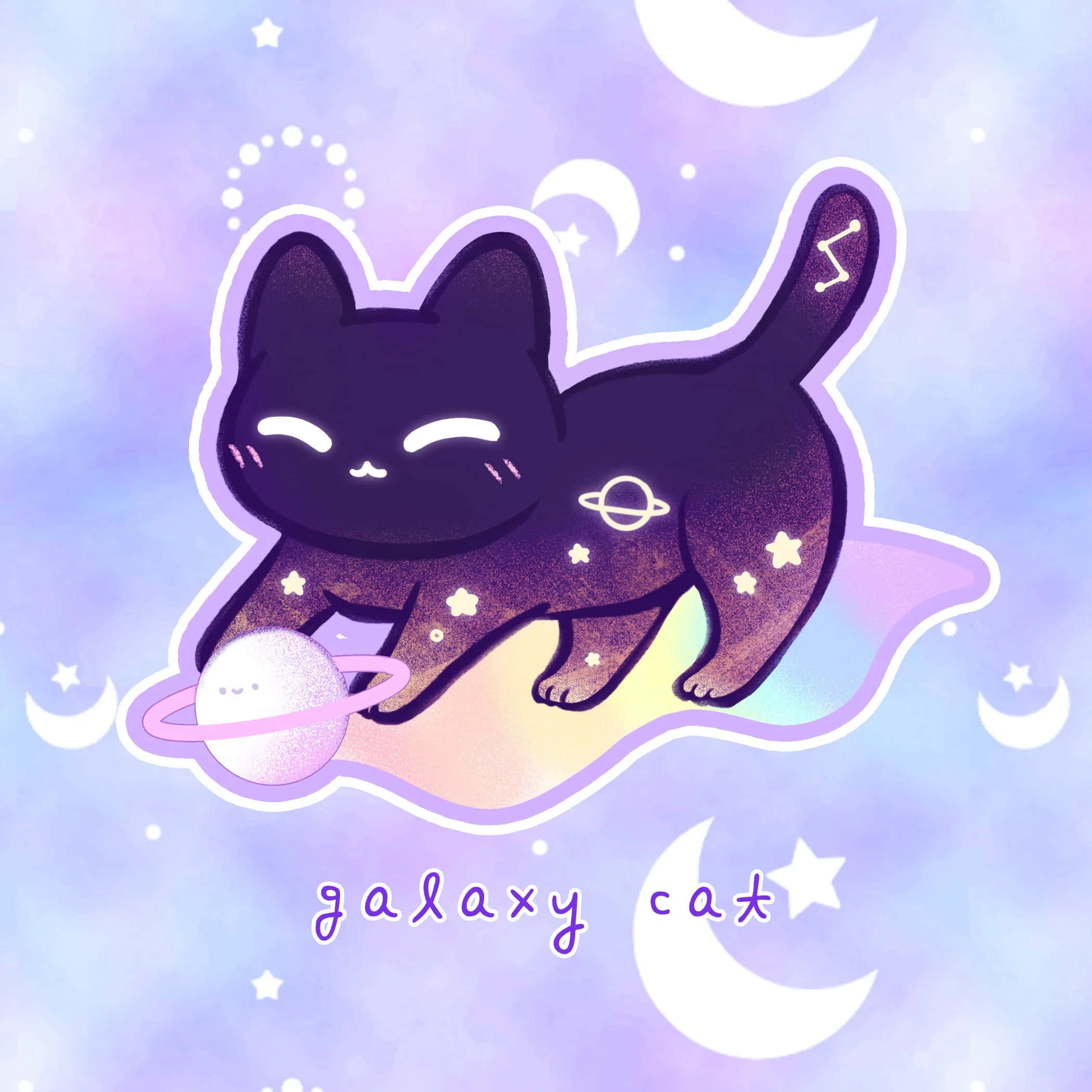 kawaii space, black cat, star patterns, Full HD Desktop Wallpaper