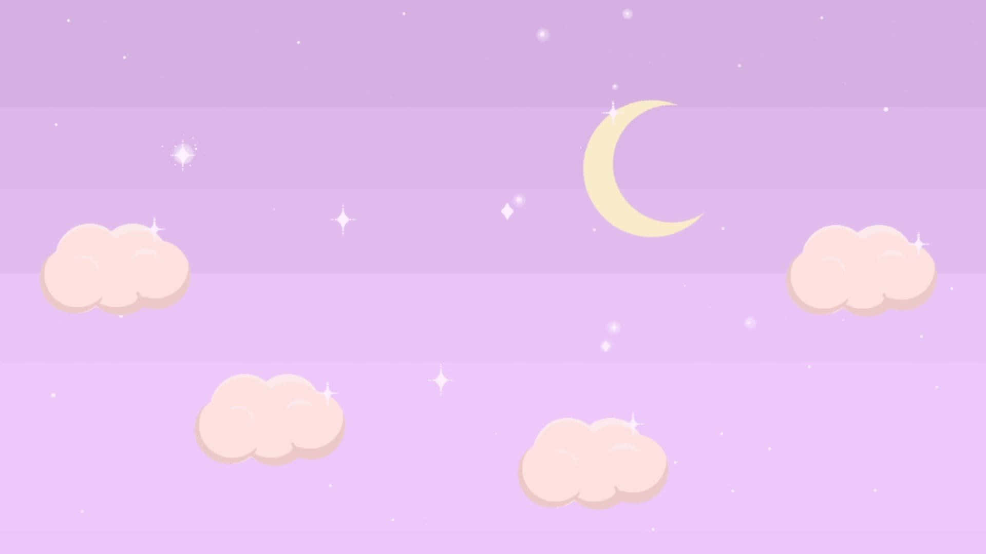 Kawaii Space, pastel purple sky, yellow crescent moon, Full HD Desktop Wallpaper
