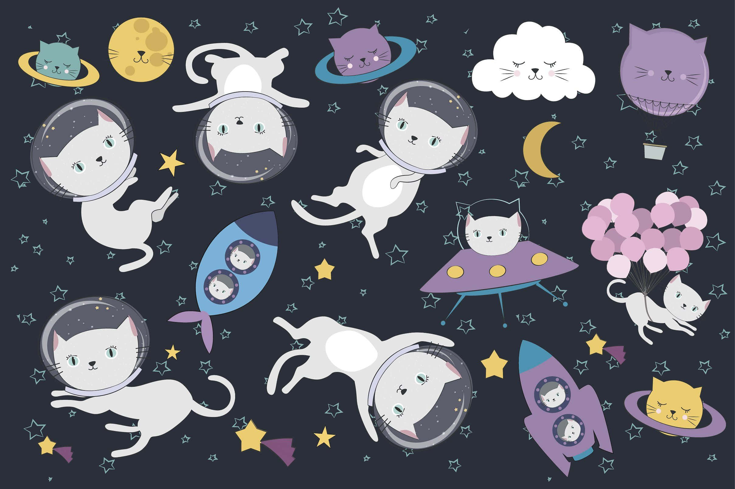 Kawaii Space, cartoon cats, space suits, Full HD Desktop Wallpaper