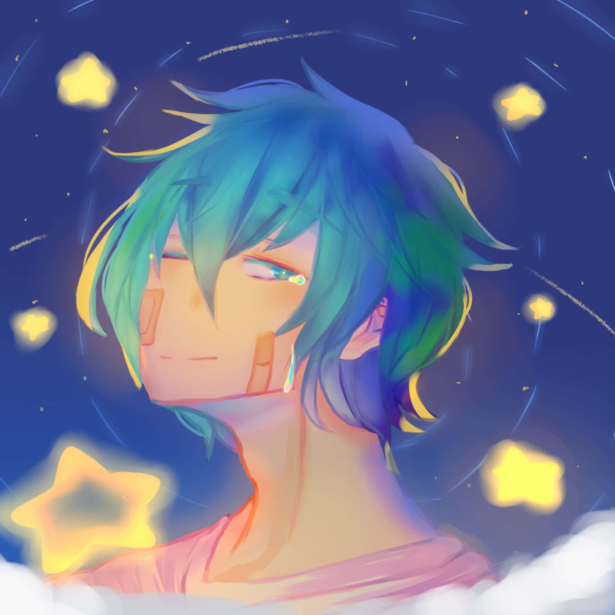 kawaii space, teal hair, glowing eyes, Full HD Desktop Wallpaper