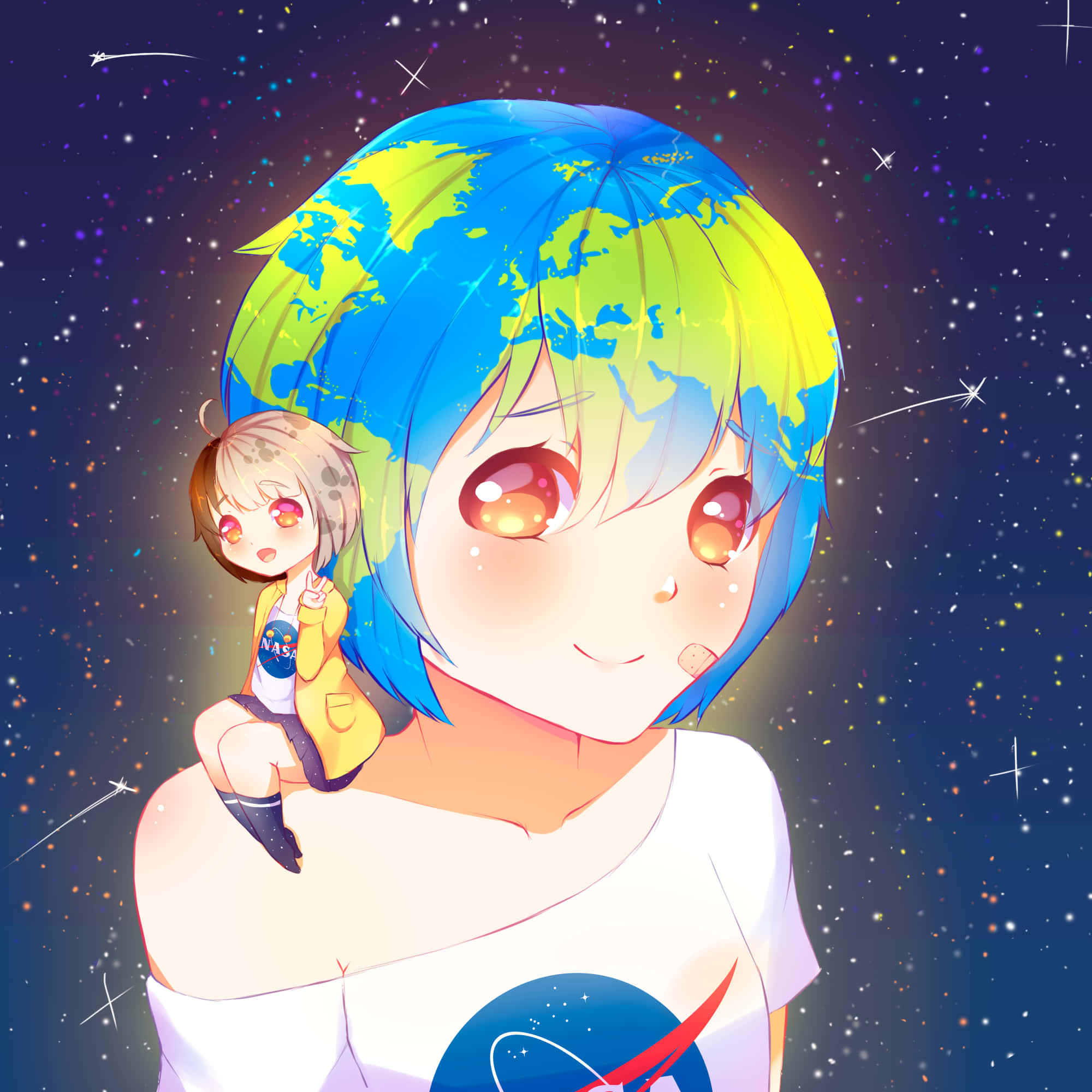 Kawaii Space, anime girl, blue hair, Full HD Desktop Wallpaper