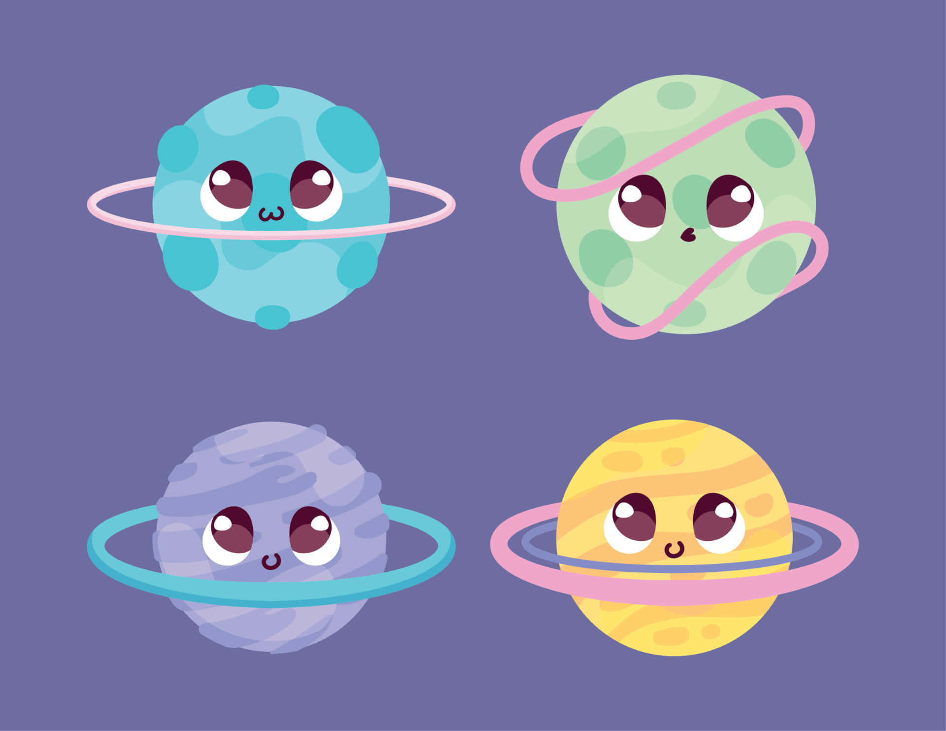 Kawaii Space, purple background, four cute cartoon planets, Full HD Desktop Wallpaper