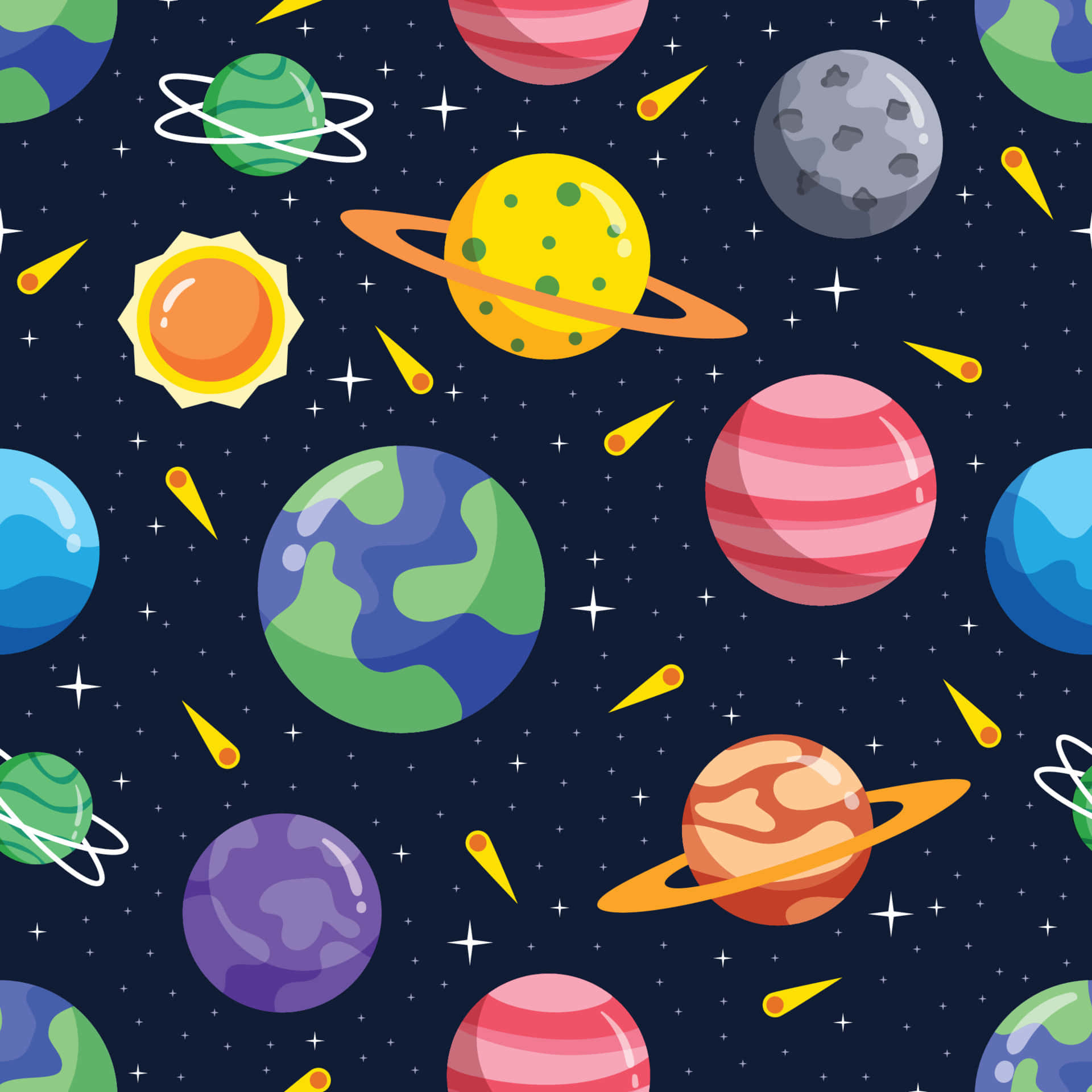 Kawaii Space, cartoon planets, stars, Full HD Desktop Wallpaper