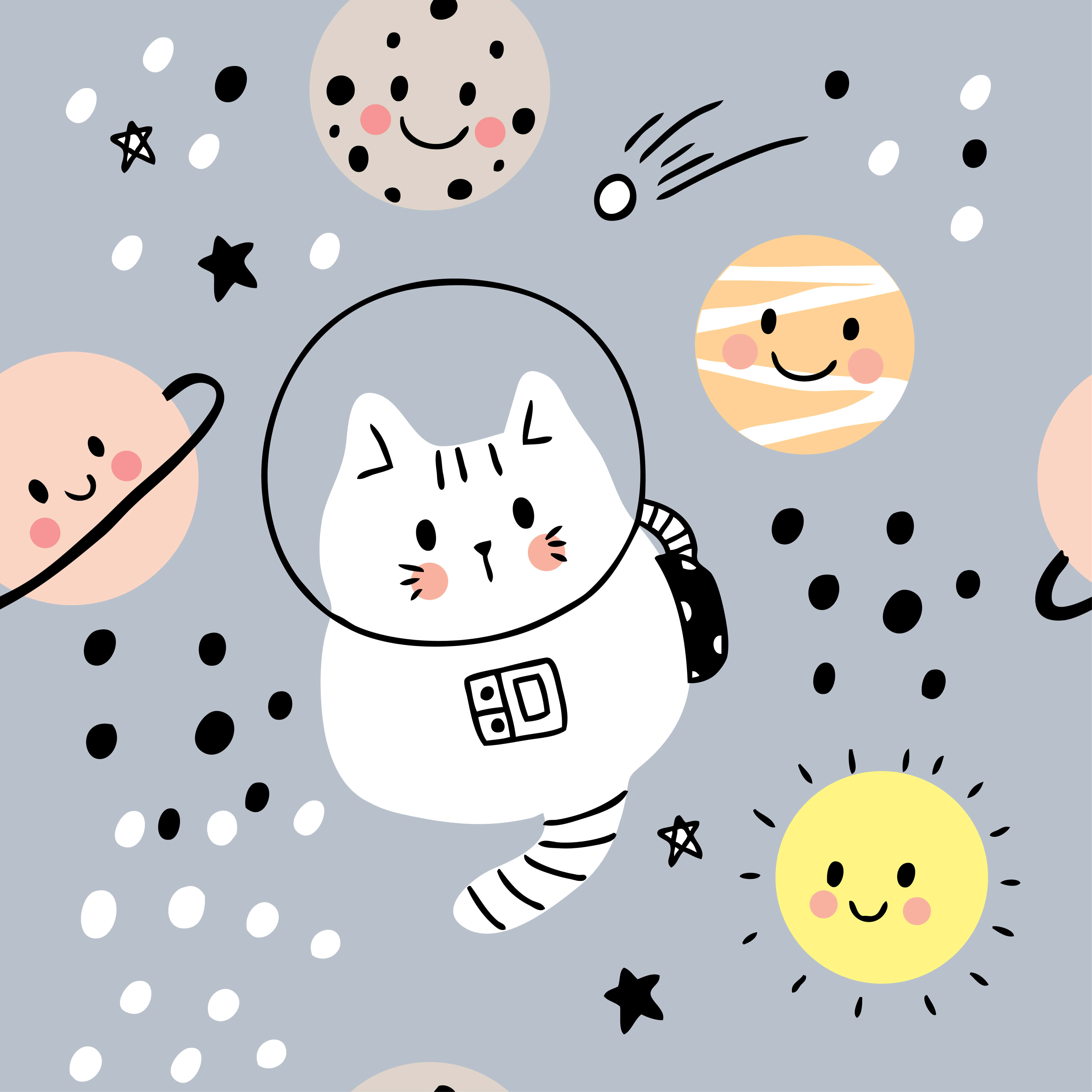 Kawaii Space, cartoon cat astronaut, smiling planets, 4K Desktop Wallpaper
