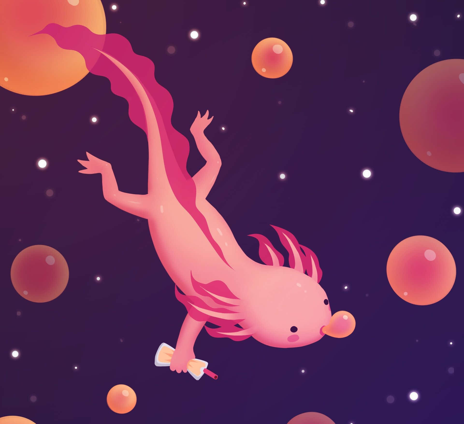 Kawaii Space, pink axolotl, starry purple cosmos, Full HD Desktop Wallpaper