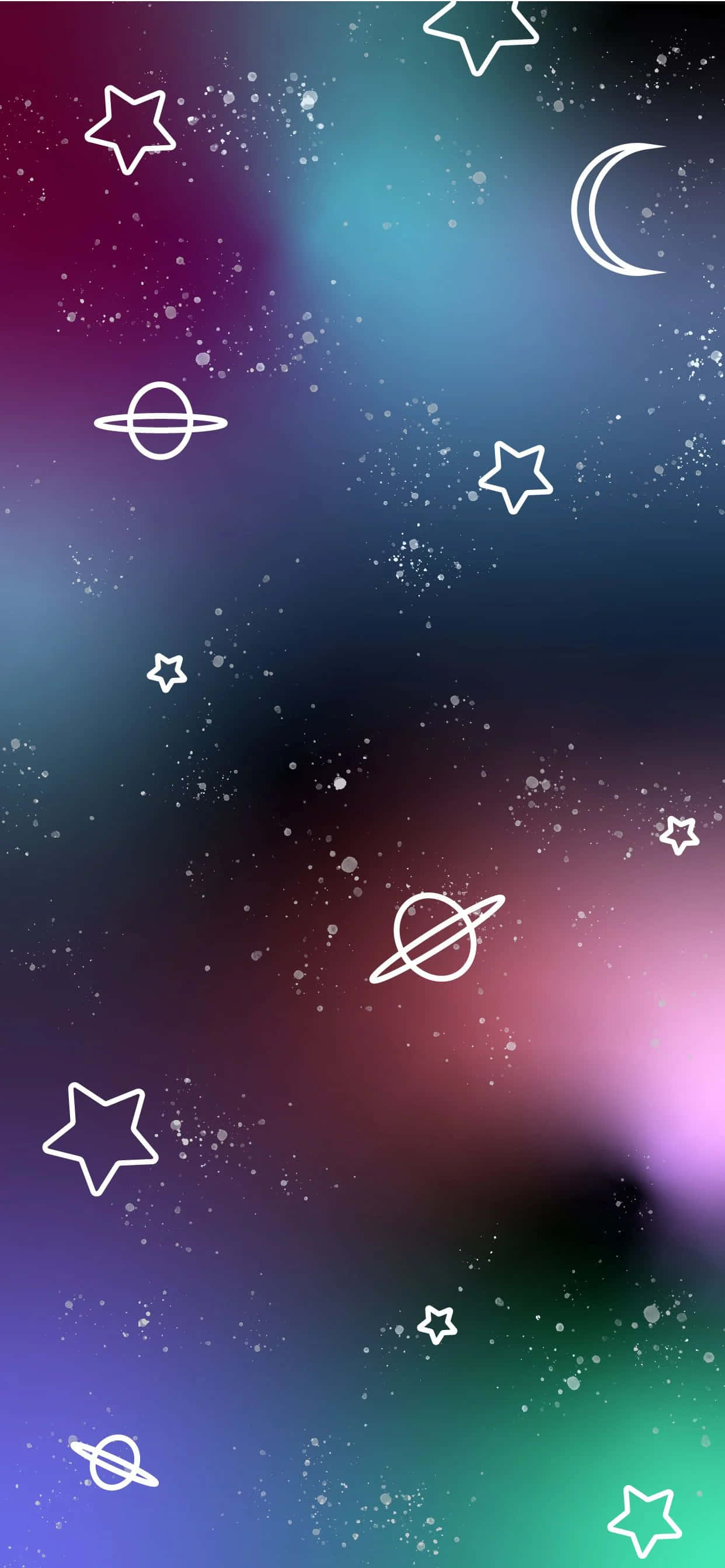 Kawaii Space, white outlined stars, planets, 2K Phone Wallpaper