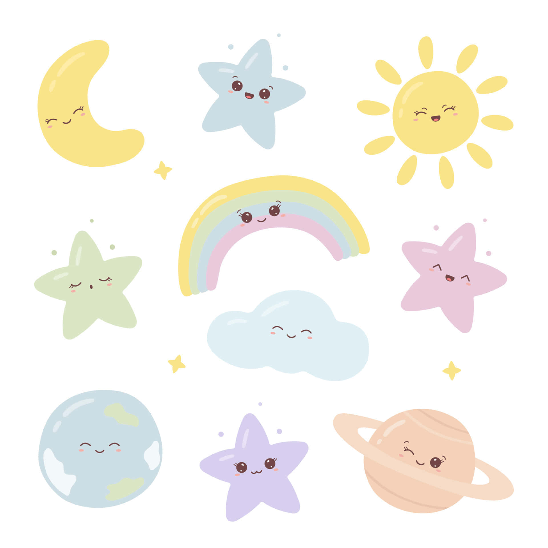 Kawaii Space, smiling sun, moon, Full HD Desktop Wallpaper