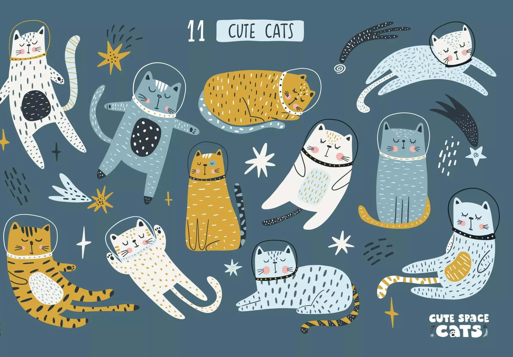 kawaii space, eleven whimsical illustrated cats, astronaut suits, HD Desktop Wallpaper