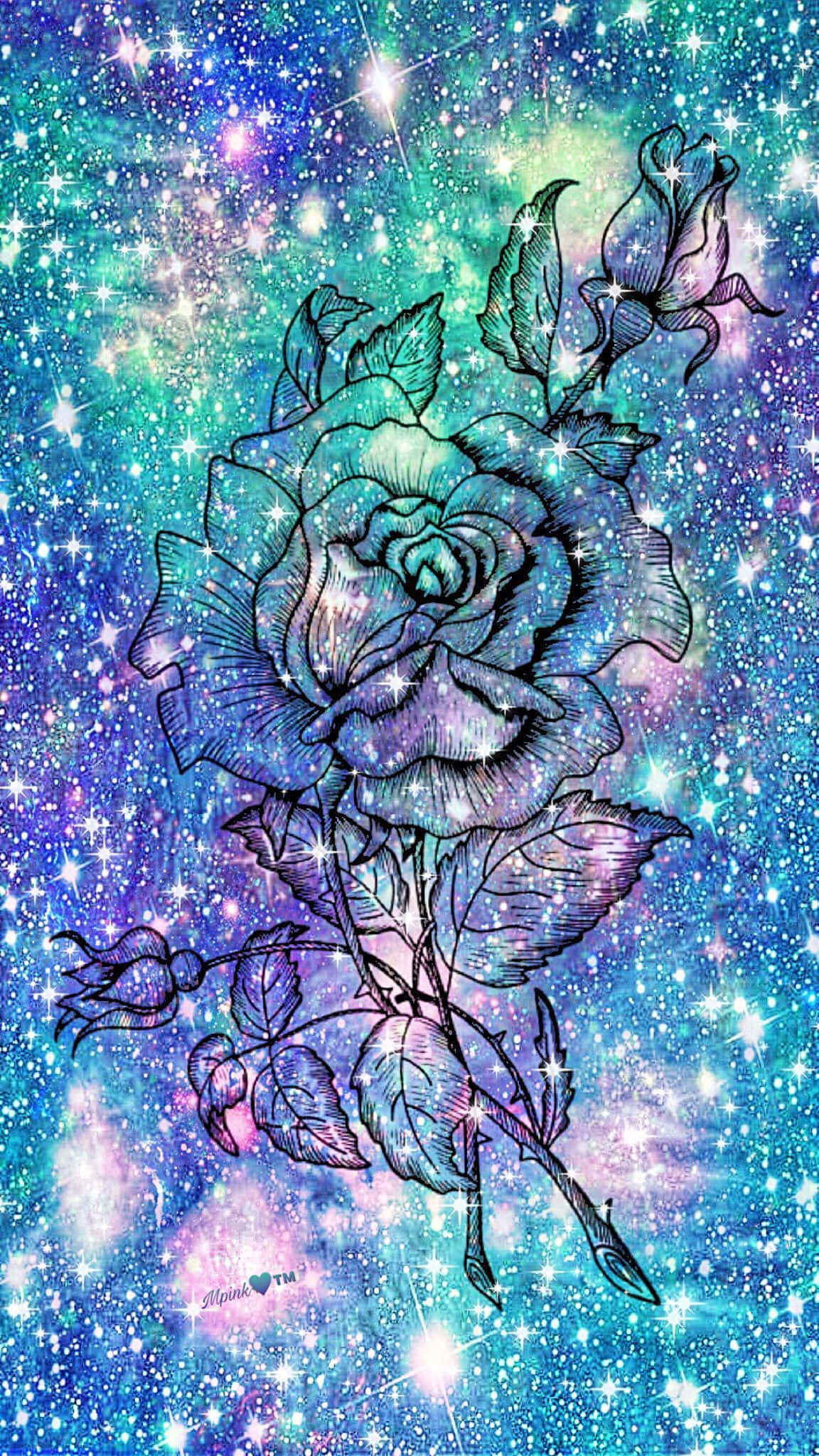 Kawaii Galaxy, line-art rose, cosmic backdrop, Full HD Phone Wallpaper