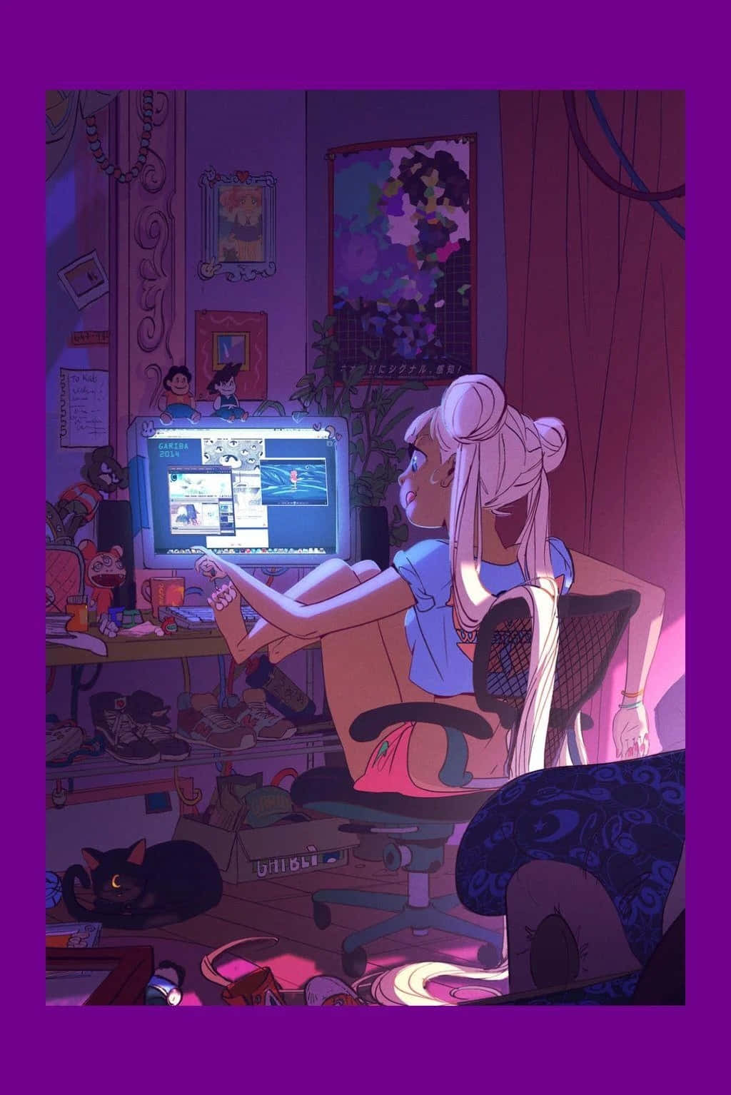 kawaii room, pink hair, purple light, HD Phone Wallpaper