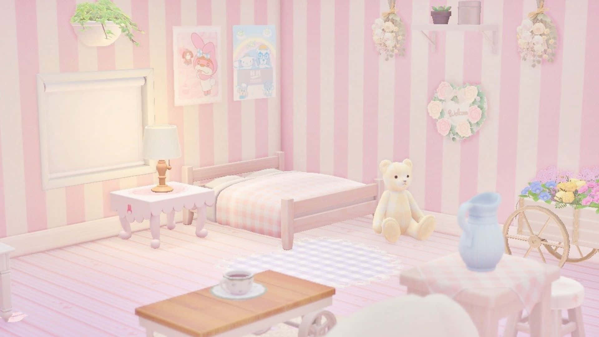 pastel pink and white striped bedroom, wooden bed, teddy bear, Full HD Desktop Wallpaper