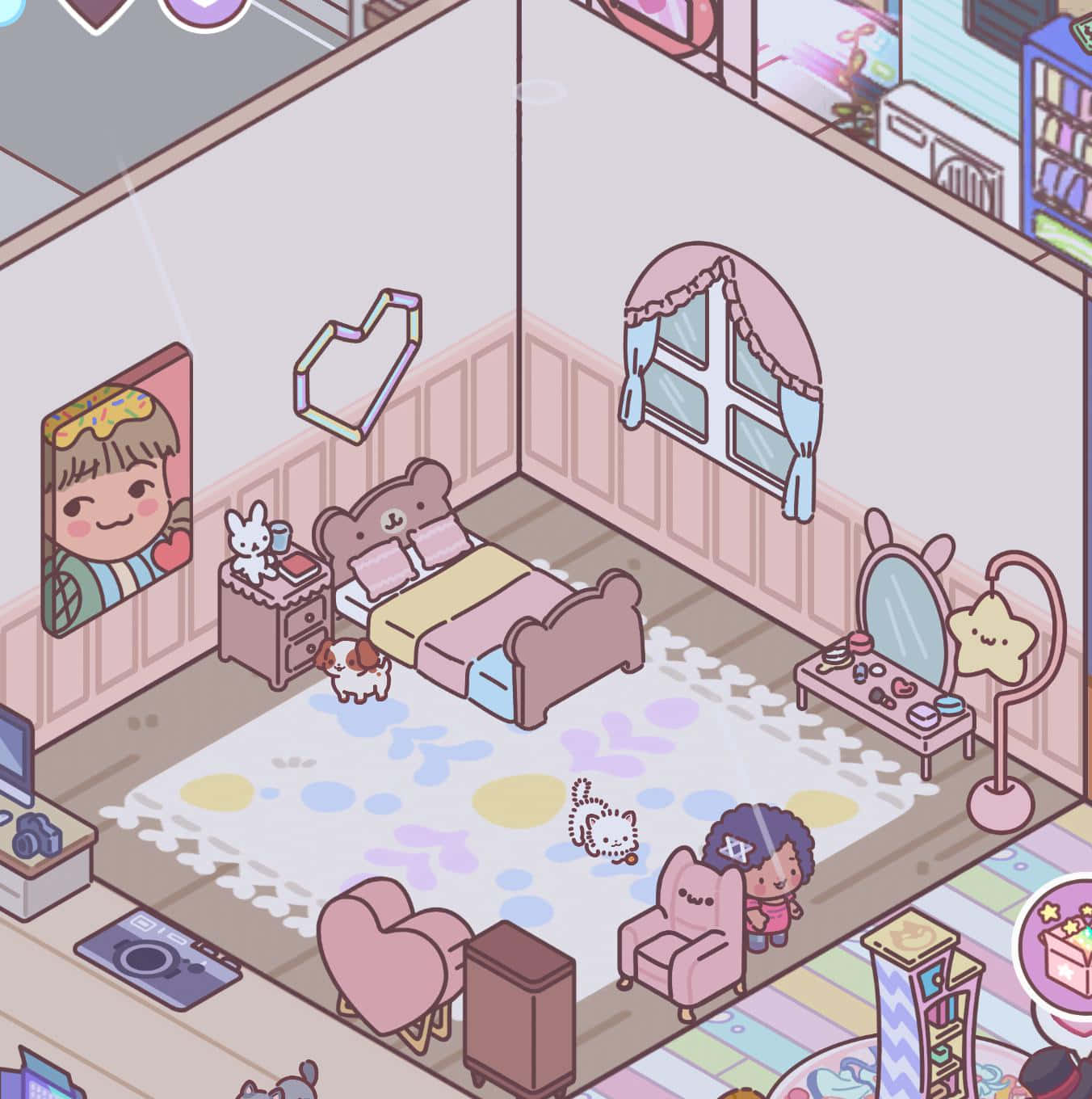 kawaii room, pastel-colored cartoon bedroom, pink armchair, HD Phone Wallpaper