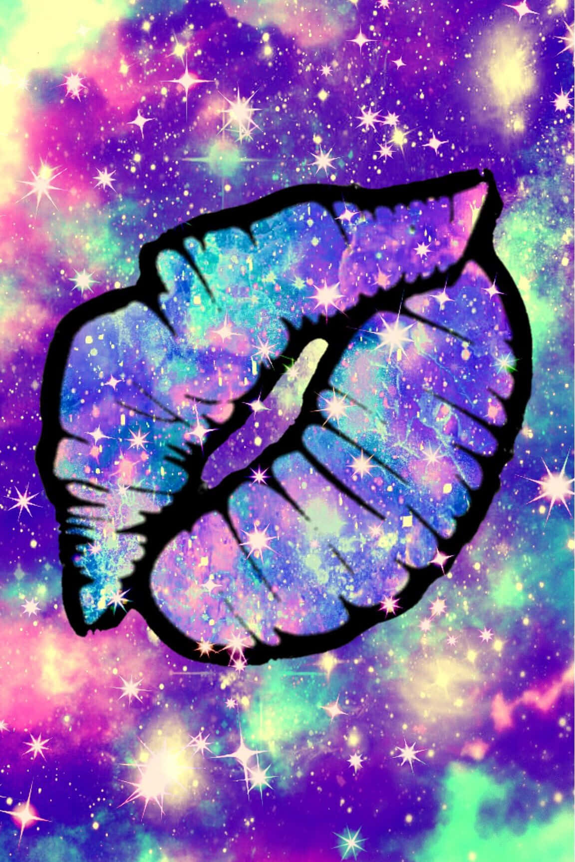 Kawaii Galaxy, black-outlined lip print, glittering cosmic stars, HD Phone Wallpaper